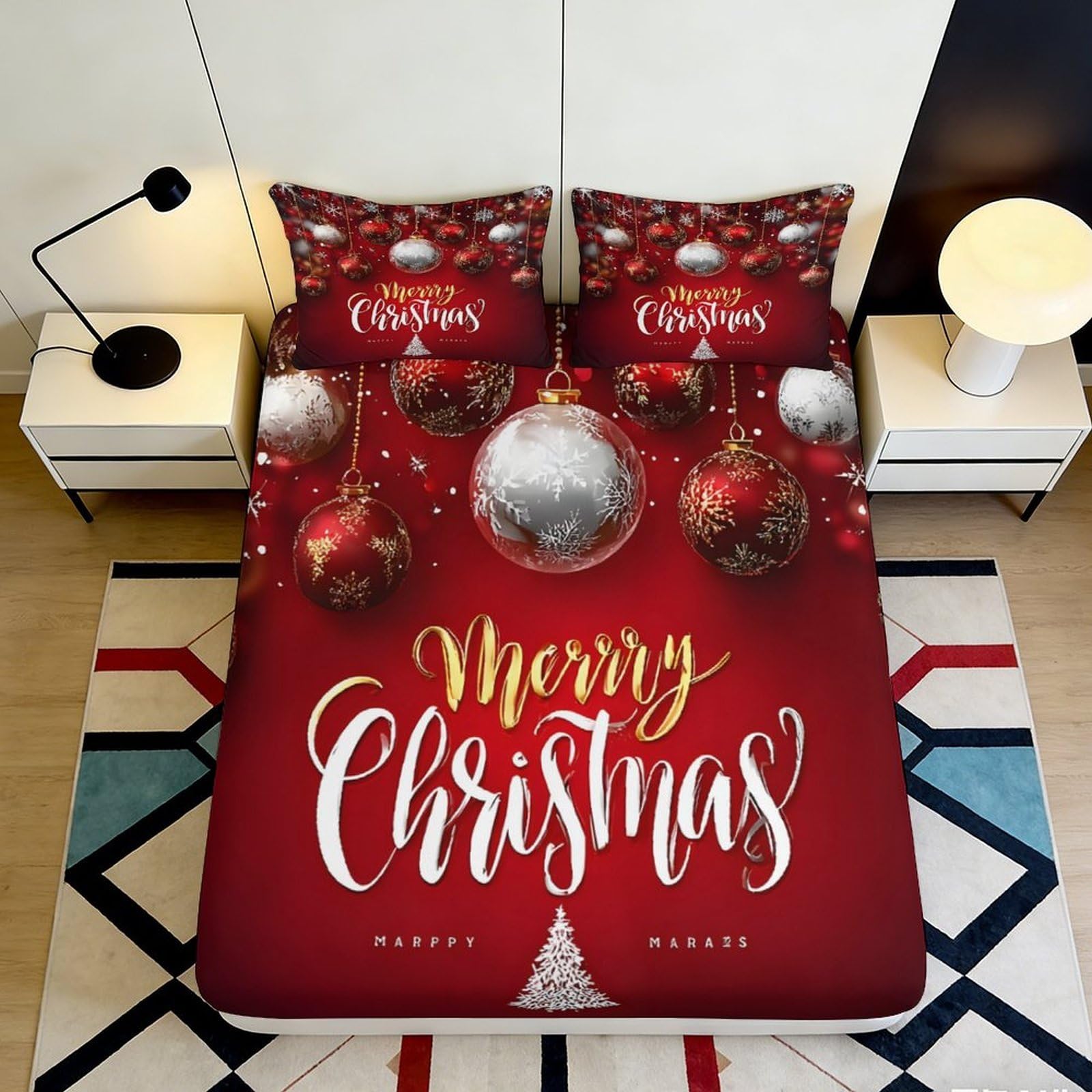 K1r3d9e5 Style-3 3D Printed Christmas Baubles Fitted Sheet Microfiber Red Festive Bed Cover For Bedroom Guest Room Decor 90X200x25cm