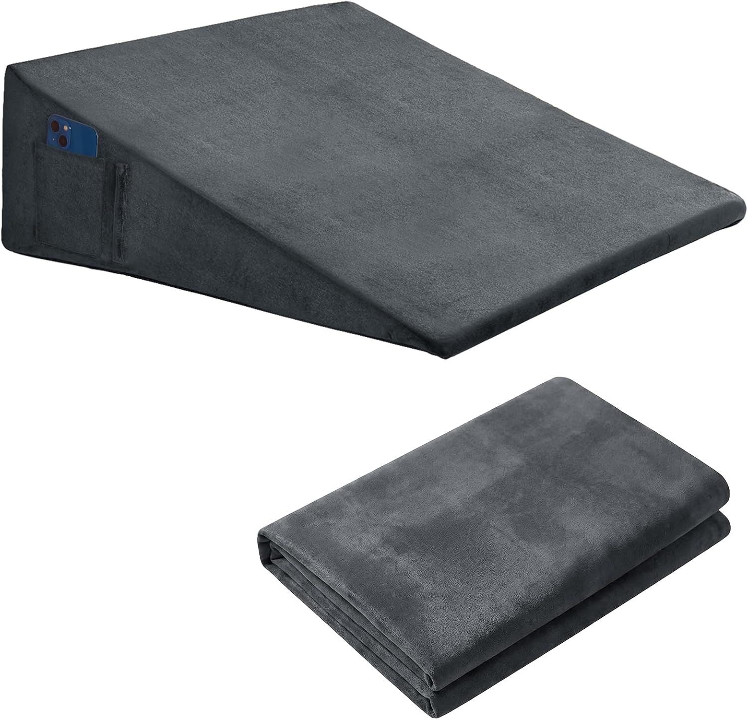 KKJIAF Grey Velvet Bed Wedge Pillow Cover, 25" L x 25" W x 12.5" H