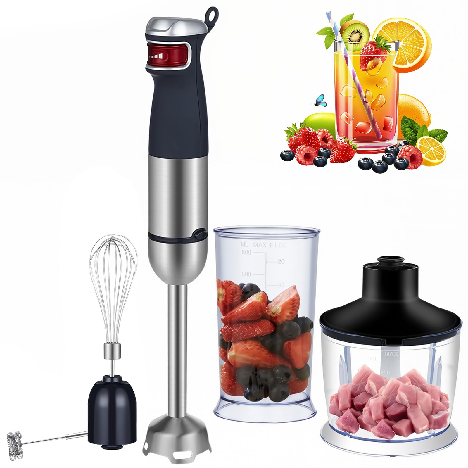 Elektryczny Blender Ręczny 1200W Blender Stykowy 5-W-1 Z Regulacją | Blender Ręczny Z Misą Rozdrabniacza 800ML Kubkiem 600ML Ostrzami ze Stali Nierdzewnej Trzepaczką i Zestawem Spieniacza(A)
