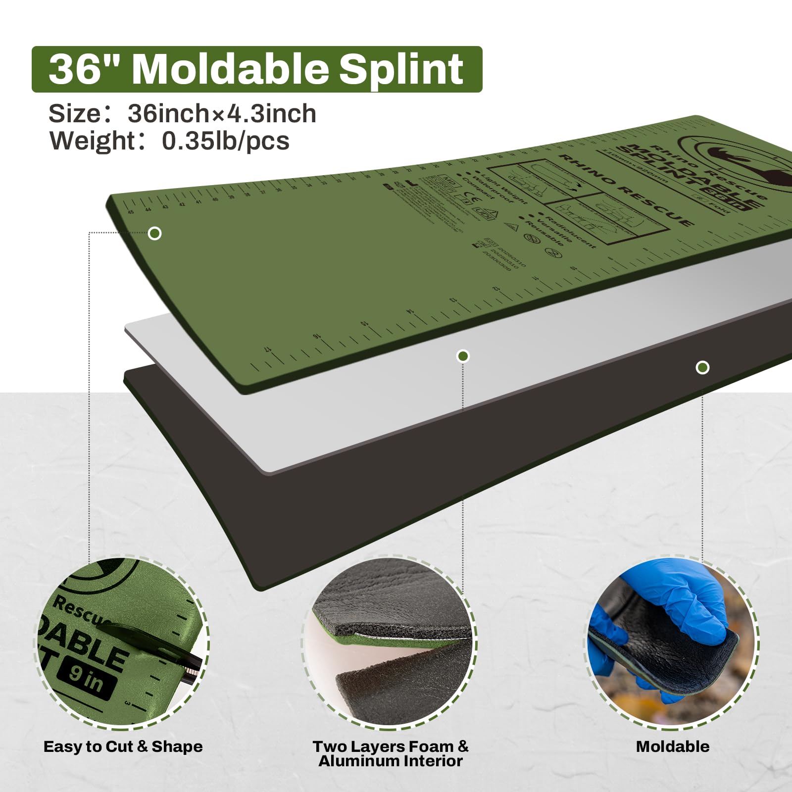 RHINO RESCUE First Aid Moldable Splint 36" X 4.3" Green-Gray (1, Folded) — Amazon image 5