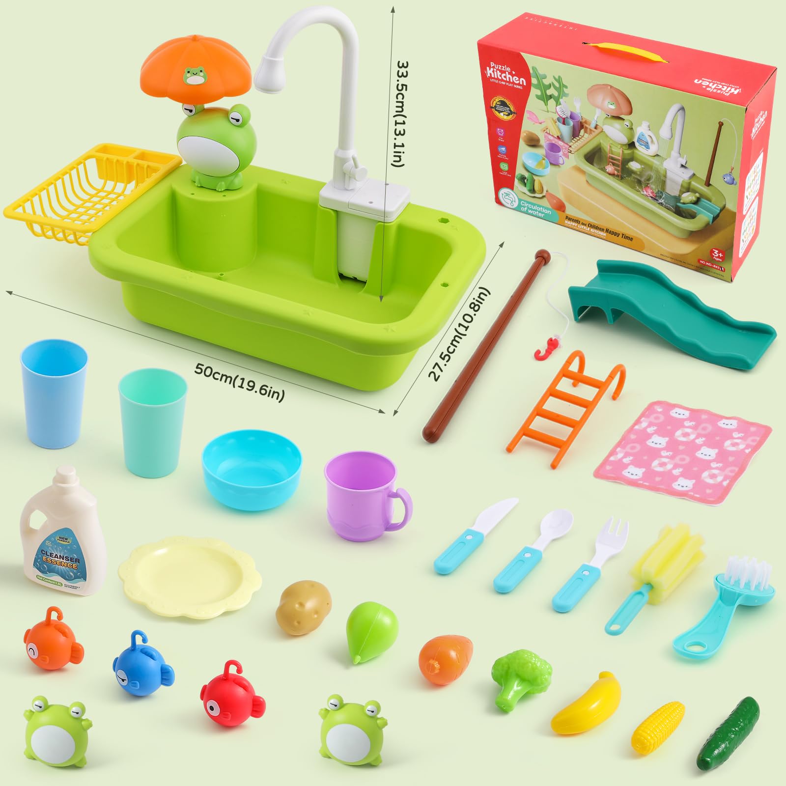 FRUSE Jouets évier de Cuisine,Kit Cuisine pour Enfant avec Lave-Vaisselle,Robinet électrique,Accessoire de Cuisine pour Enfants,Jouets de Pêche Flottants,Jeux Exterieur Enfant 3 4 5 6 7 Ans(Vert)