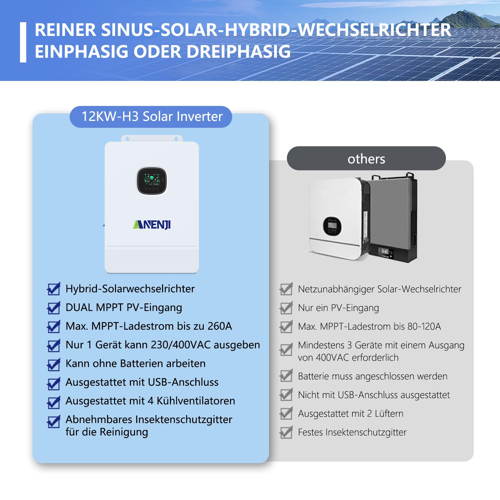 Inverter ibrido da 12 KW All-in-One singolo fase e tre fasi 48 V DC a 230/400 V AC inverter solare integrato 260 A, regolatore di carica MPPT, per acido piombo, batteria al litio o batterie