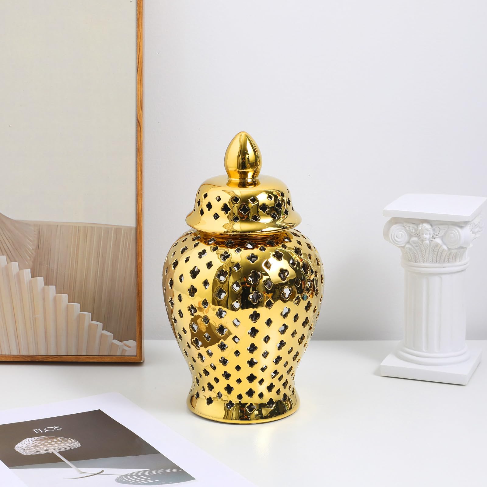 Vaso per Fiori in Ceramica Dorata Traforata per Casa e Tavolo | Adatto a Fiori di Seta e Artificiali, Leggero e Facile da Portare, Stile Romantico per Feste e Capodanno