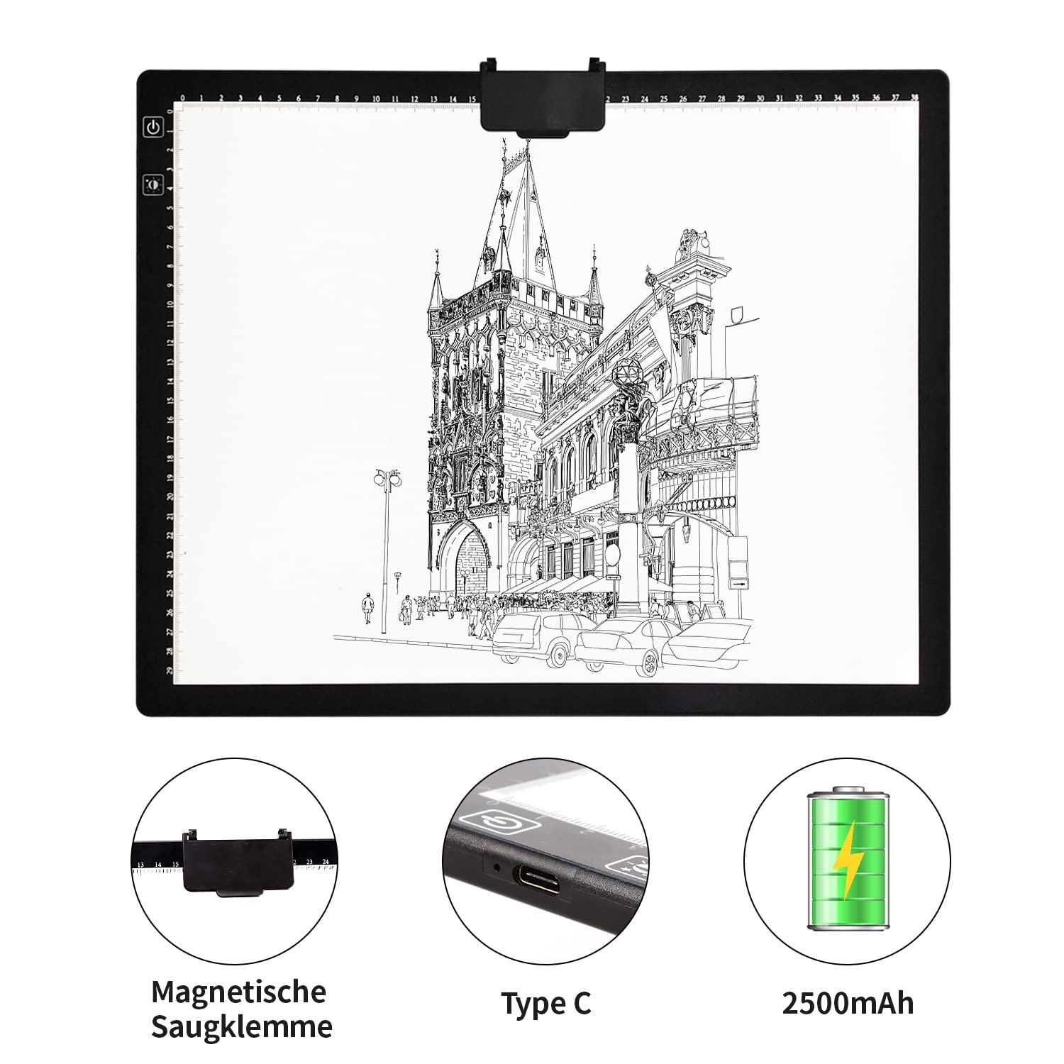 Wiederaufladbares A3 Leuchttisch mit Tasche,kabellos batteriebetrieben Led LichtPad,3 Farben dimmbar und 6 Helligkeitsdimmen Lichtplatten für Zeichnung,Diamond Painting,Malen,Röntgenbetrachtung