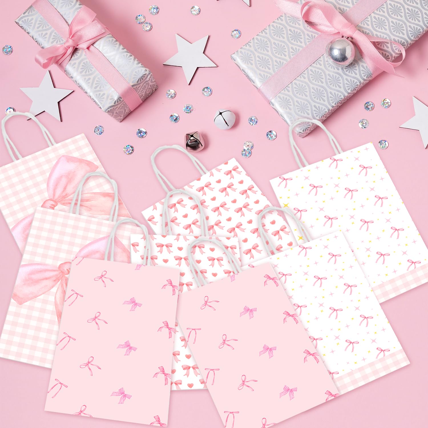 MUZRUYOU Pink Bow Goodie Bags 16 Pcs - Pink Gift Favor Bags with Handles for Birthday Party, Baby Shower, Bridal Shower, Bachelorette Supplies Coquette Theme