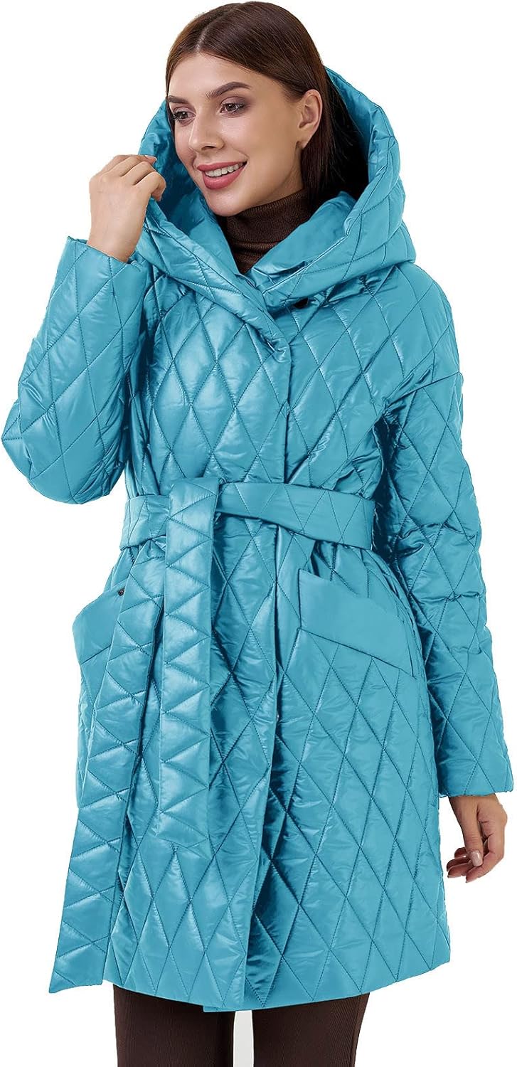 Oplxuo Women's Hooded Quilted Down Jacket Winter Fashion Wrap Coat Long Sleeve Belted Padded Puffer Outerwear with Pockets