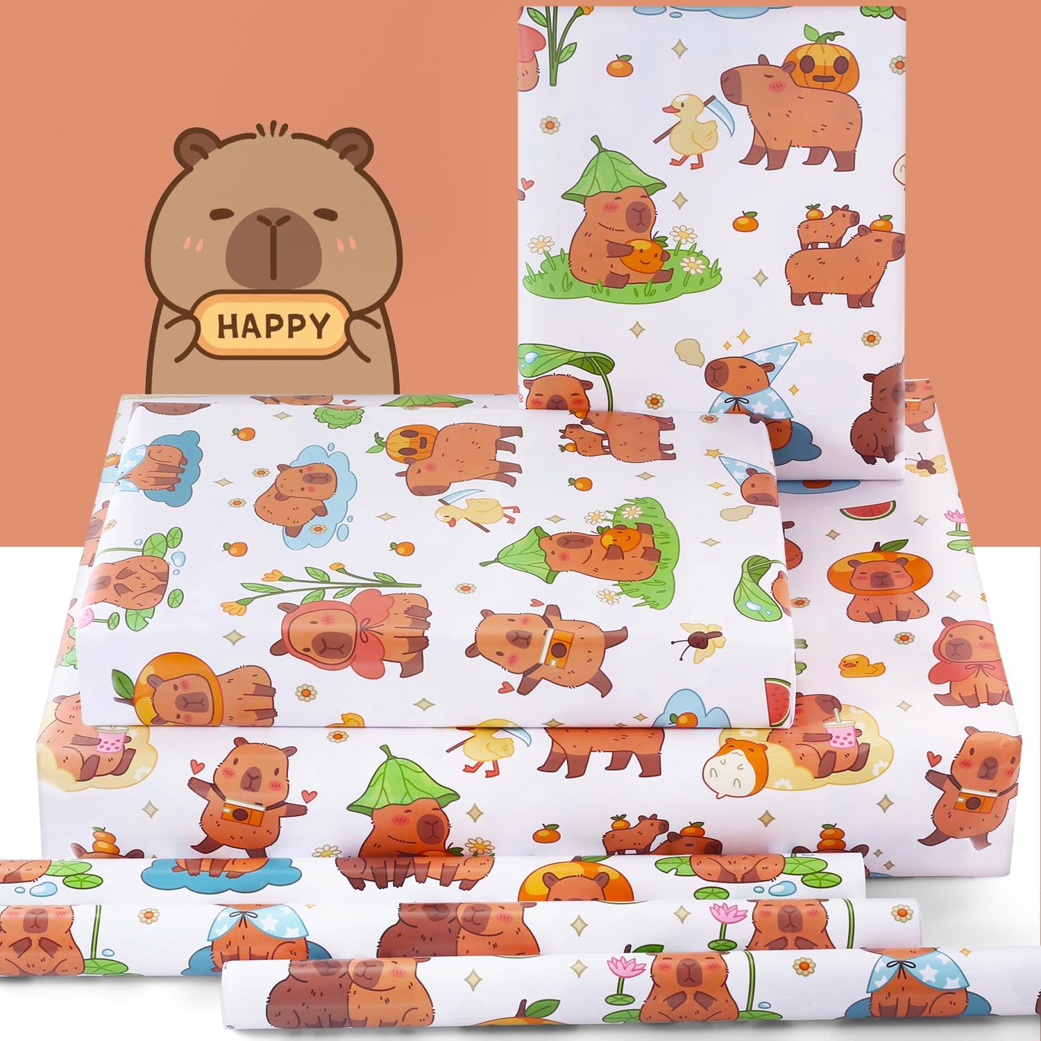 NEPOG Capybara Wrapping Paper For Kids Girls Boys, Cute Capybaras Birthday Wrap Paper 6 Sheets Folded Flat 20x28 inches per Sheet for Spring Summer Birthday Party Kindergarten image 3