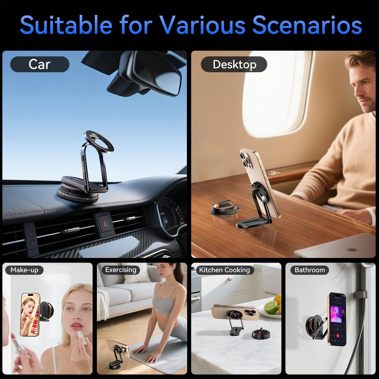 Soporte magnético de vacío ajustable de 360° para autos/ducha/espejo/gimnasio/cocina/baño, [soporte de teléfono desmontable] [succión fiable] Soporte de teléfono con ventosa compatible con iPhone y