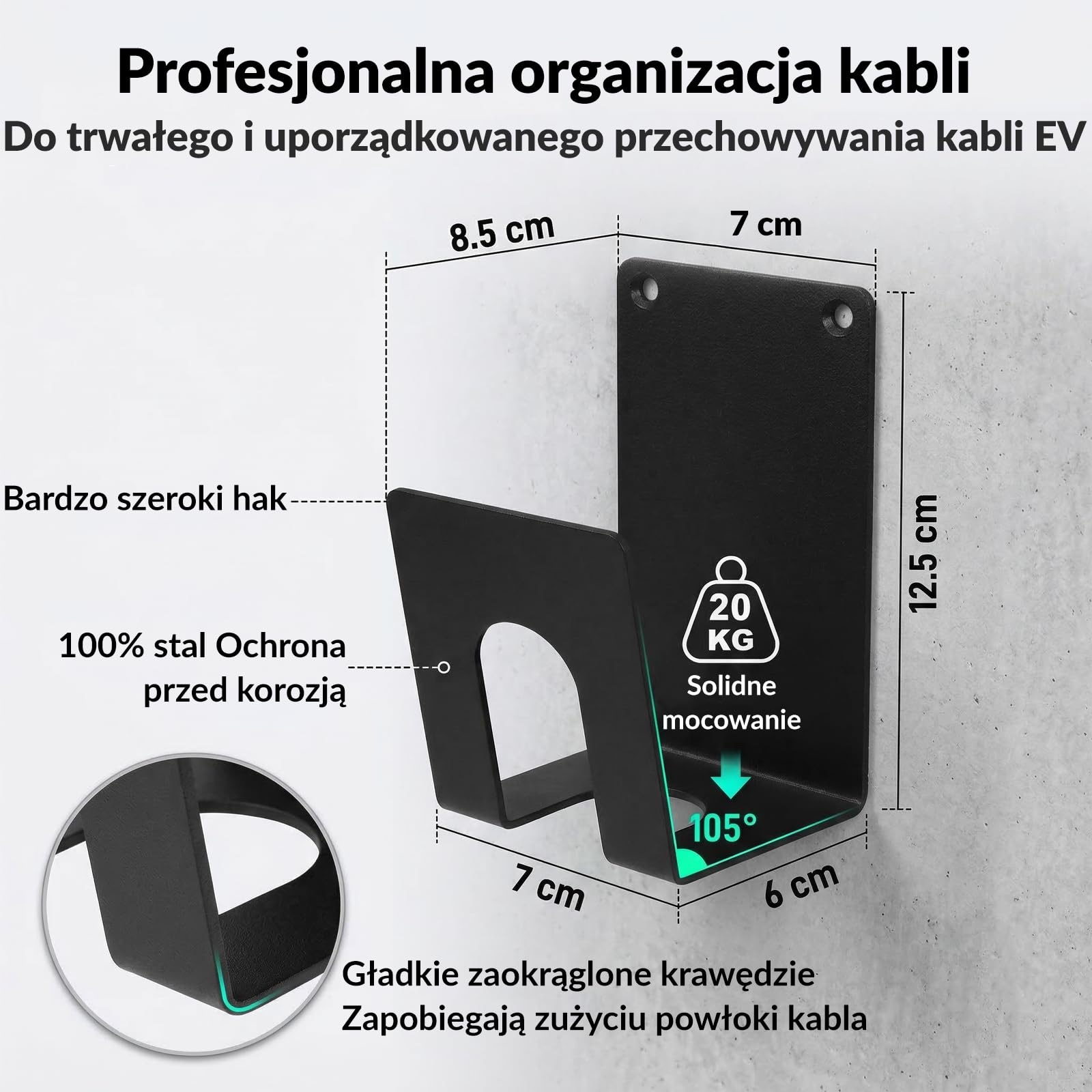 Zestaw Uchwytów do Ładowarki EV - Ścienny Organizer (Uchwyt na Skrzynkę Kontrolną & Hakiem J) do Przenośnych Stacji Ładowania Elektrycznych, Wytrzymały Metalowy Wspornik Kabli EV