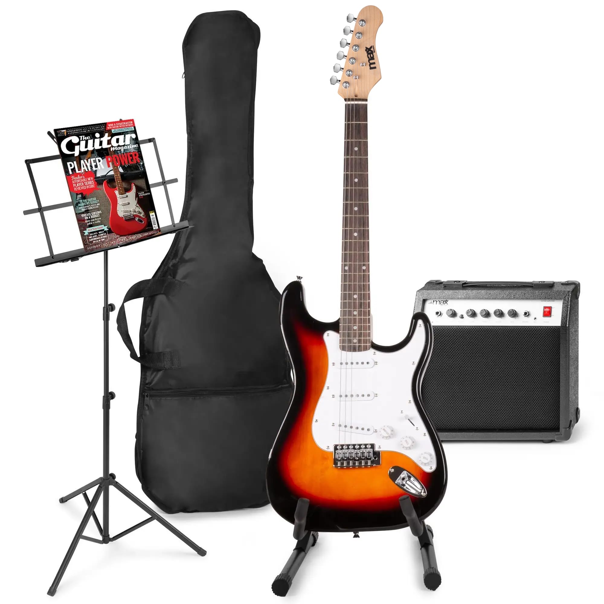 MAX GigKit Set de Guitare Électrique Comprenant la Musique et le Support de Guitare - Sunburst, Idéal pour Débuter la Guitare