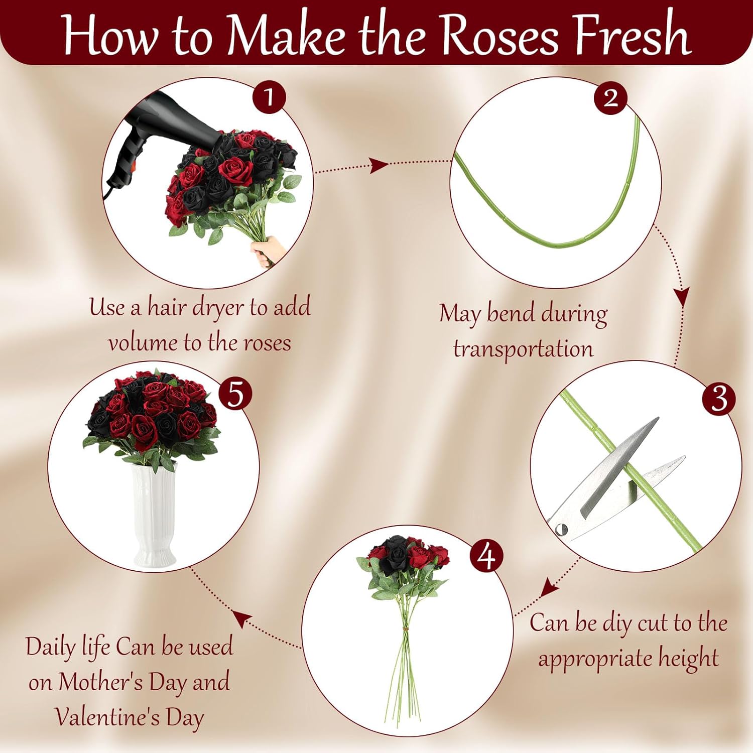 80 Pcs Roses Artificial Flowers, Silk Black & Red Artificial Flowers Petals Long Stem Roses for Wedding Bouquet Home Party Decor - Image 4