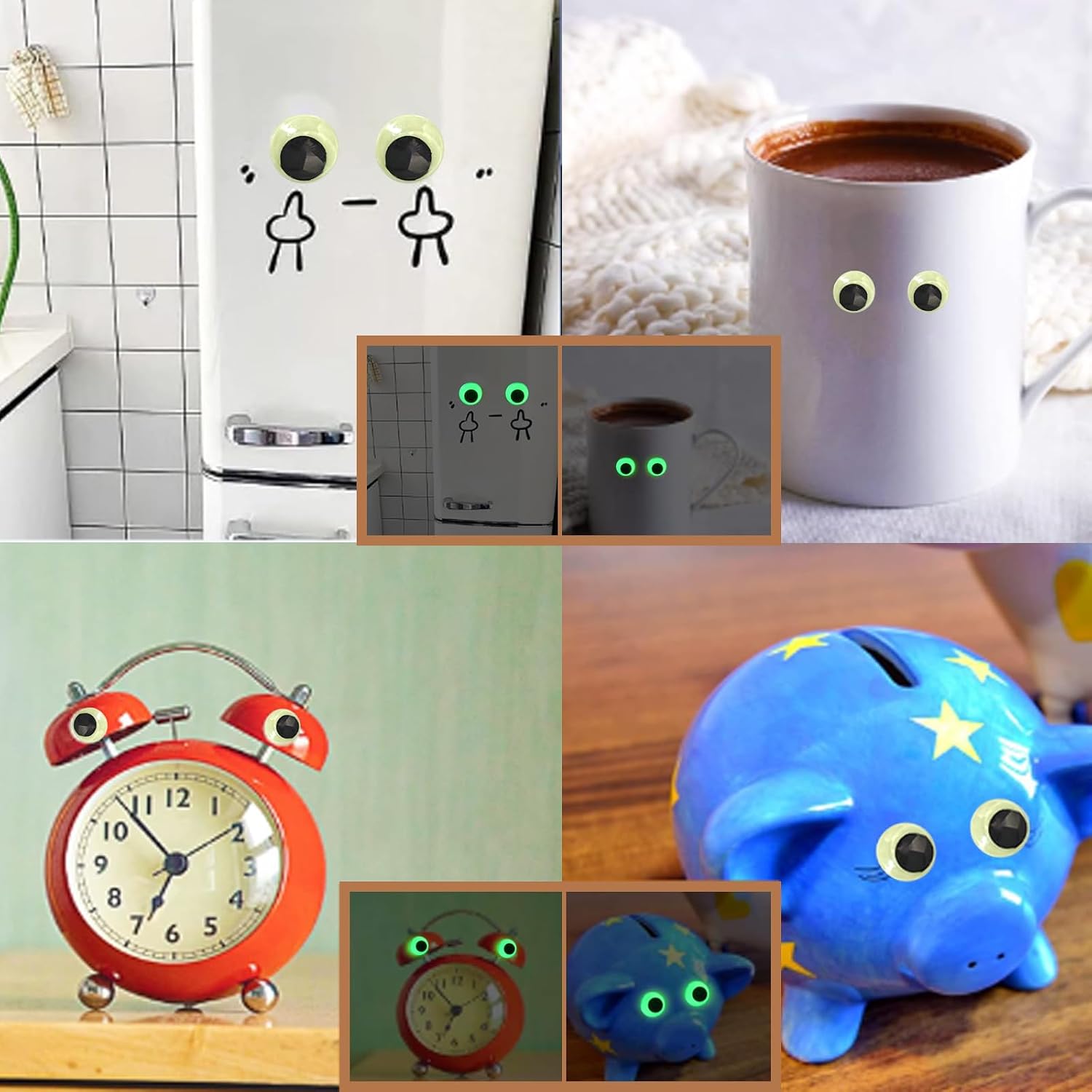 300PCS Glowing in Dark Googly Wiggle Eyes Self Adhesive Wiggle Eye Luminous Sparkle Large Eyes for DIY Handicrafts Sticker Scrapbooking Halloween Christmas Decor, 10 mm/15 mm/20 mm/25 mm