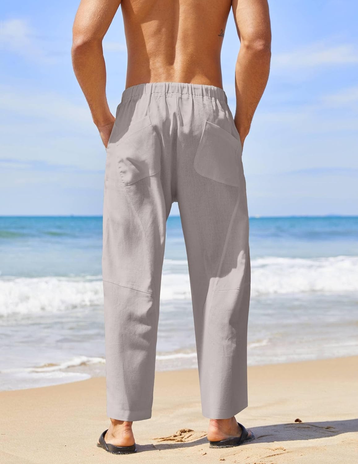 COOFANDY Men's Linen Trousers, Long Loose Fit Summer Trousers, Lightweight Casual Trousers, Holiday Beach Trousers, Yoga Trousers, Harem Trousers, Hippie Long Trousers - Image 4