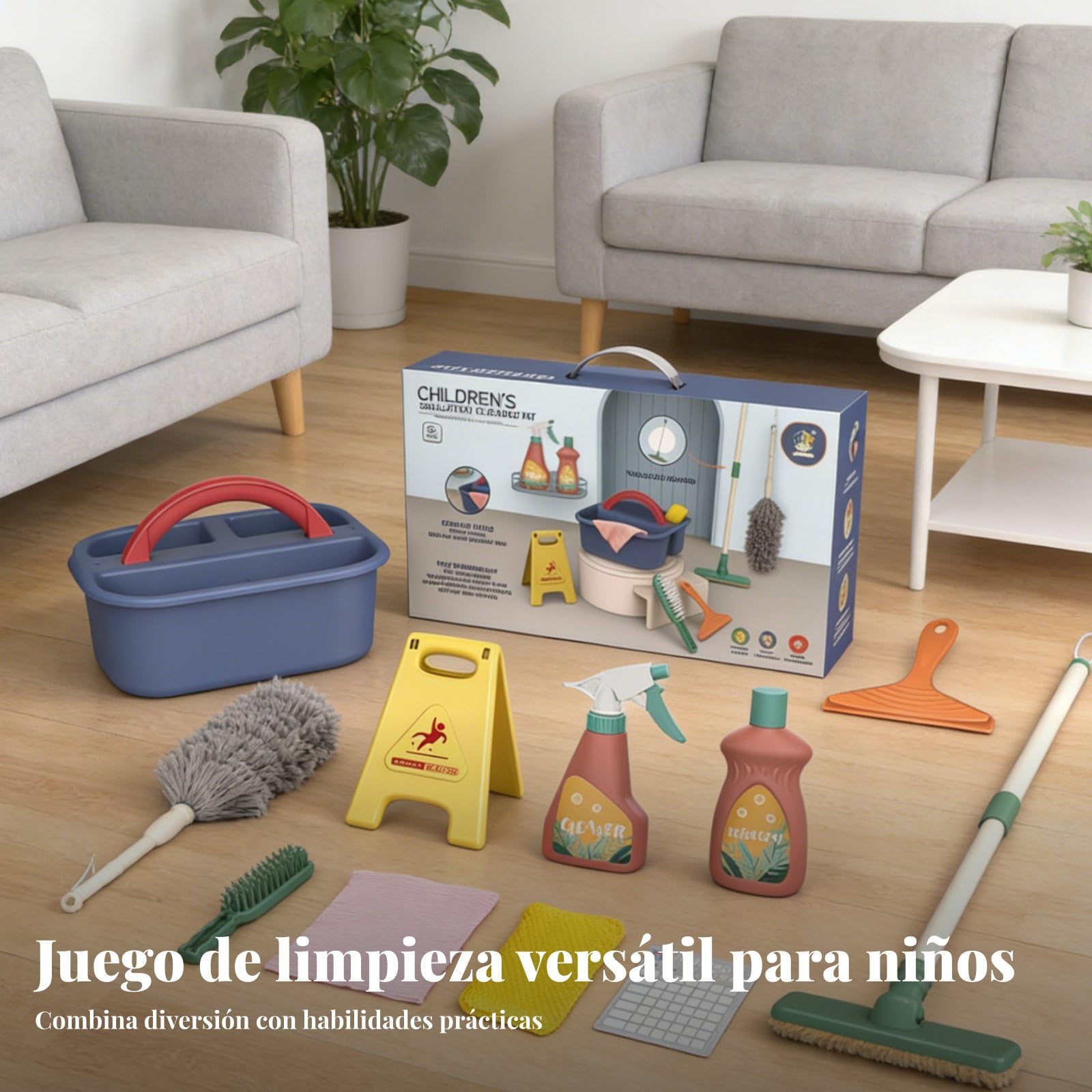 Harilla Children Cleaning Playset Juego de Limpieza Infantil Set de Juguetes de Aseo Escoba Trapeador Recogedor con Contenedor para Guardar Fomenta Hábitos de , Caja Sellada 11 Pzas