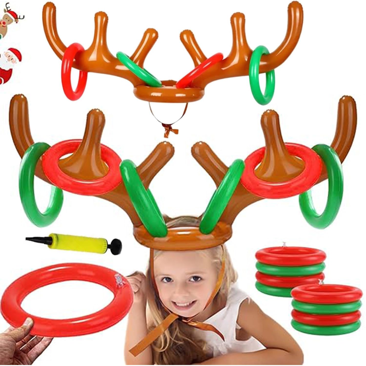 Inflatable Reindeer Antler Ring Toss Game – Christmas Party Set With 2 Antlers, 8 Rings & Pump, Indoor/Outdoor Family Fun