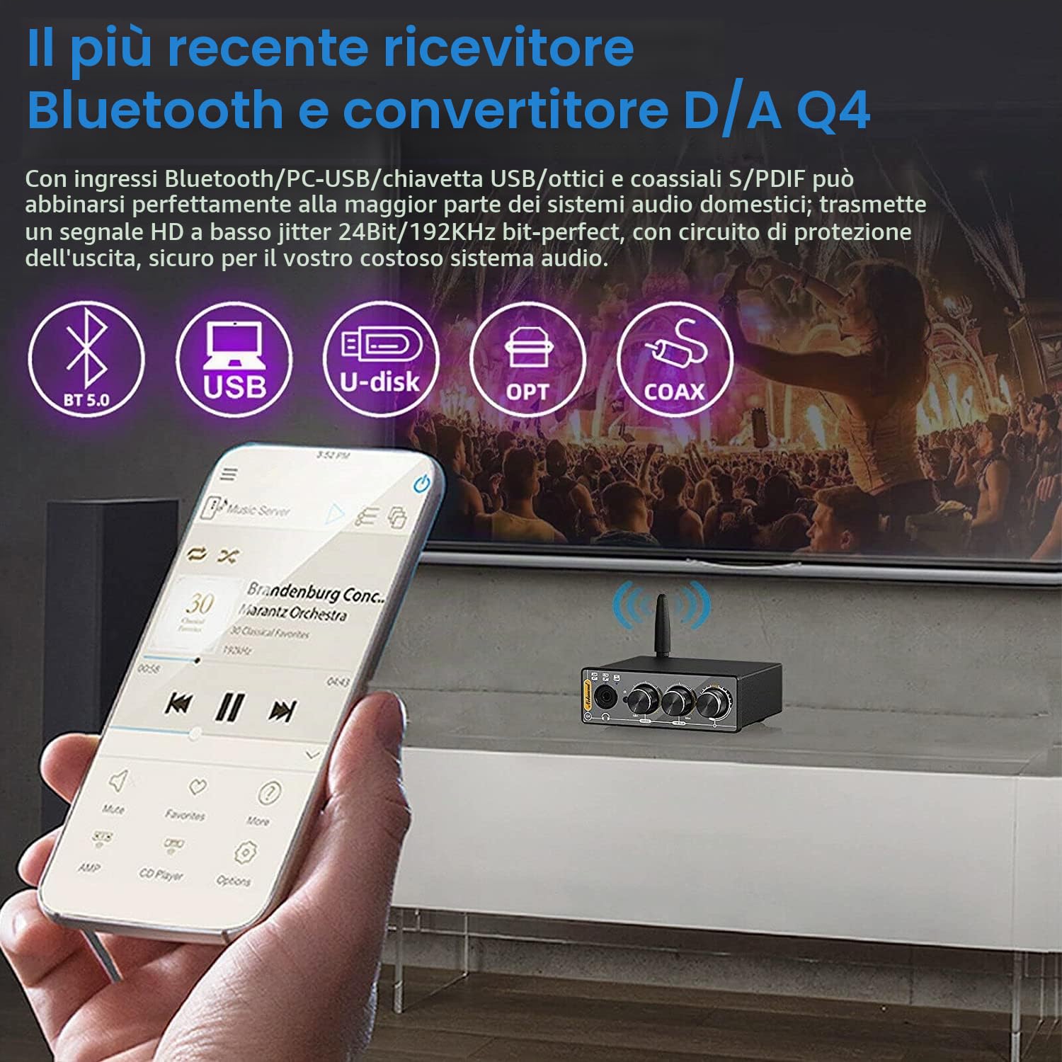 [Ultima versione] Nobsound Q4 Mini Bluetooth 5.0 Ricevitore stereo USB DAC Convertitore digitale-analogico Lettore musicale