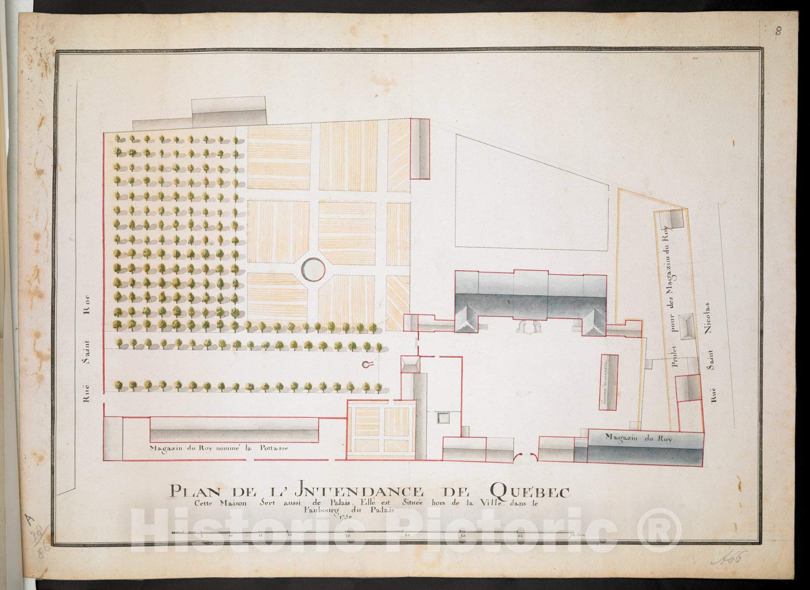 Historical Map, Plan DE L'INTENDANCE DE QUE'BEC : Cette Maison Sert Aussi de Palais; Elle est Situee hors de la Ville, Dans le Faubourg de Palais 1750, Vintage Wall Art : 24in x 18in