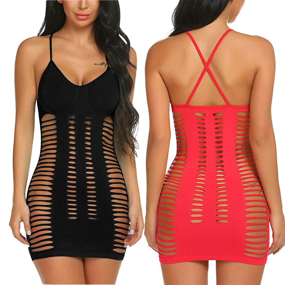 LOVELYBOBO Womens Fishnet Lingerie 2 Pack Outfit Mesh Hole Strap Chemise Seamless Hole Babydoll Mini Dress