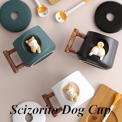 Miniatura 2 de Taza de Pareja de Perros Linda, Taza de Café de Cerámica con Tapa, Patas en la Parte Superior de la Cuchara, Bonito Diseño Tridimensional de Shiba