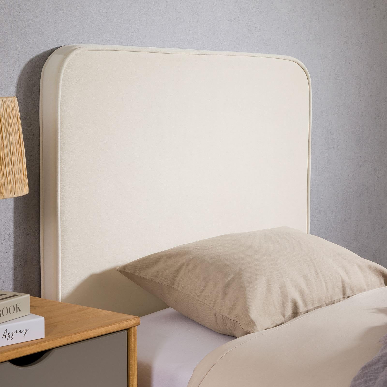 IDIMEX Tête de lit Lunar 90, en Tissu rembourré, Fixation Murale Design Arrondi Moderne, pour lit 90 cm ou Moins, Blanc crème
