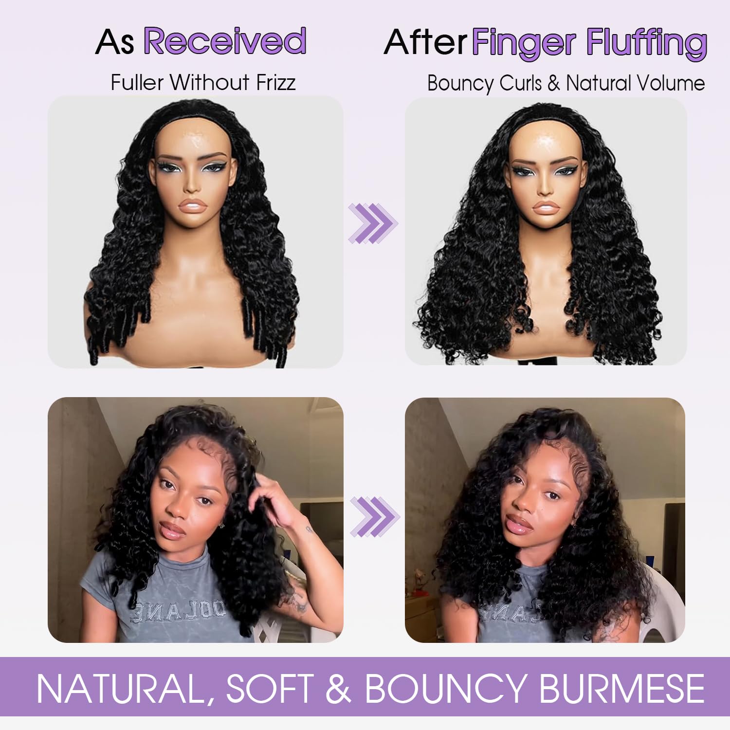 CUTE BEIN 220% Density 20 Inch Burmese Curly Half Wigs, 100% Human Hair, [2-Year Life, 210g], 3-In-1 Seamless Clip Ins Flip Over Glueless Wigs, Wear and Go Curly Half Wigs with Drawstring for Women