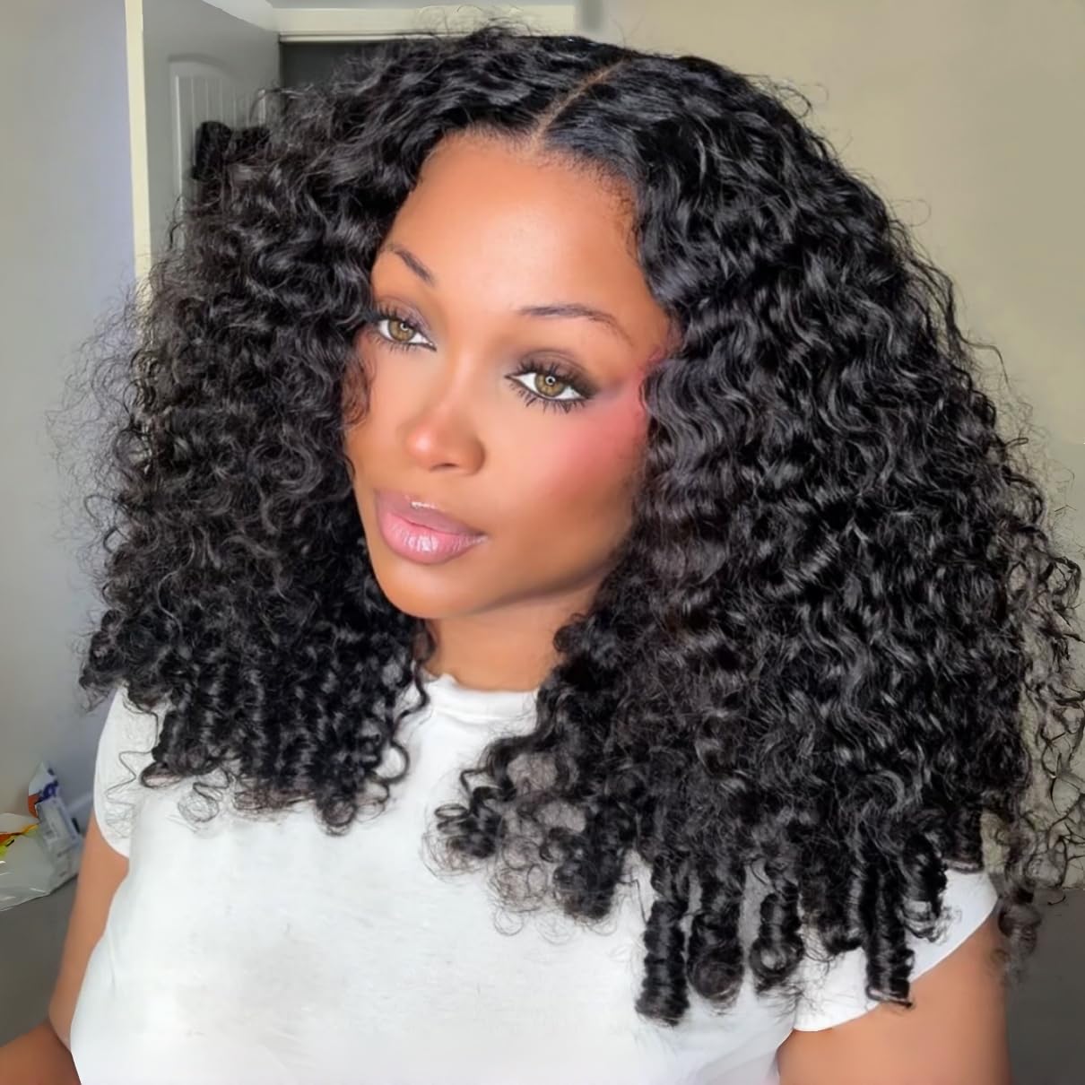BLY Burmese Curly Glueless Wig Wear Go Human Hair Wigs with Spiral Ends 7x5 HD Lace Pre Cut Pre Plucked Bleached Knots 180% Density Natural Black 20 Inch