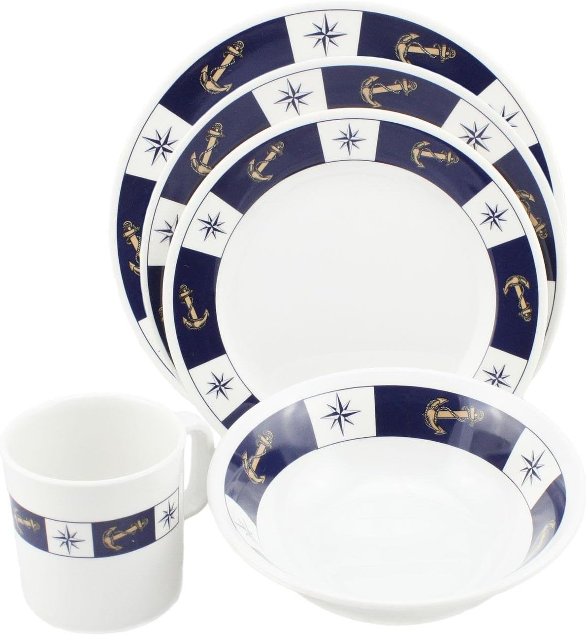 20-Piece Melamine Boat Dinnerware Set – Anchor and Compass Nautical Theme – Break-Resistant Marine Galleyware for Boats, RVs, and Coastal Kitchens – Plates, Bowls, Mugs, Saucers