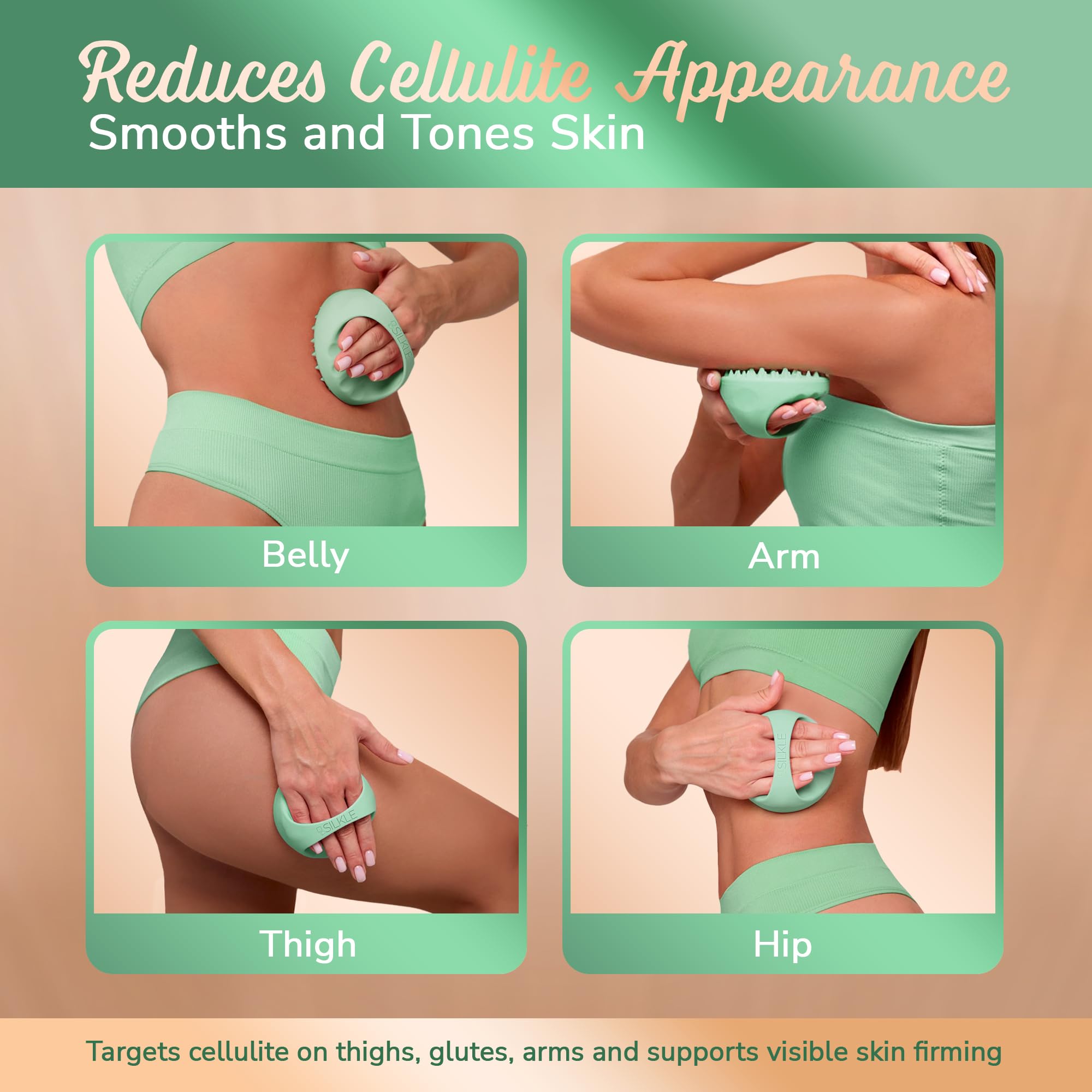 SILKLE Cellulite Massage Tool & Lymphatic Drainage Massager - Silicone Anti Cellulite Massage Brush for Body Sculpting with Ergonomic Handle - Cellulite Remover for Legs, Thighs and Belly -