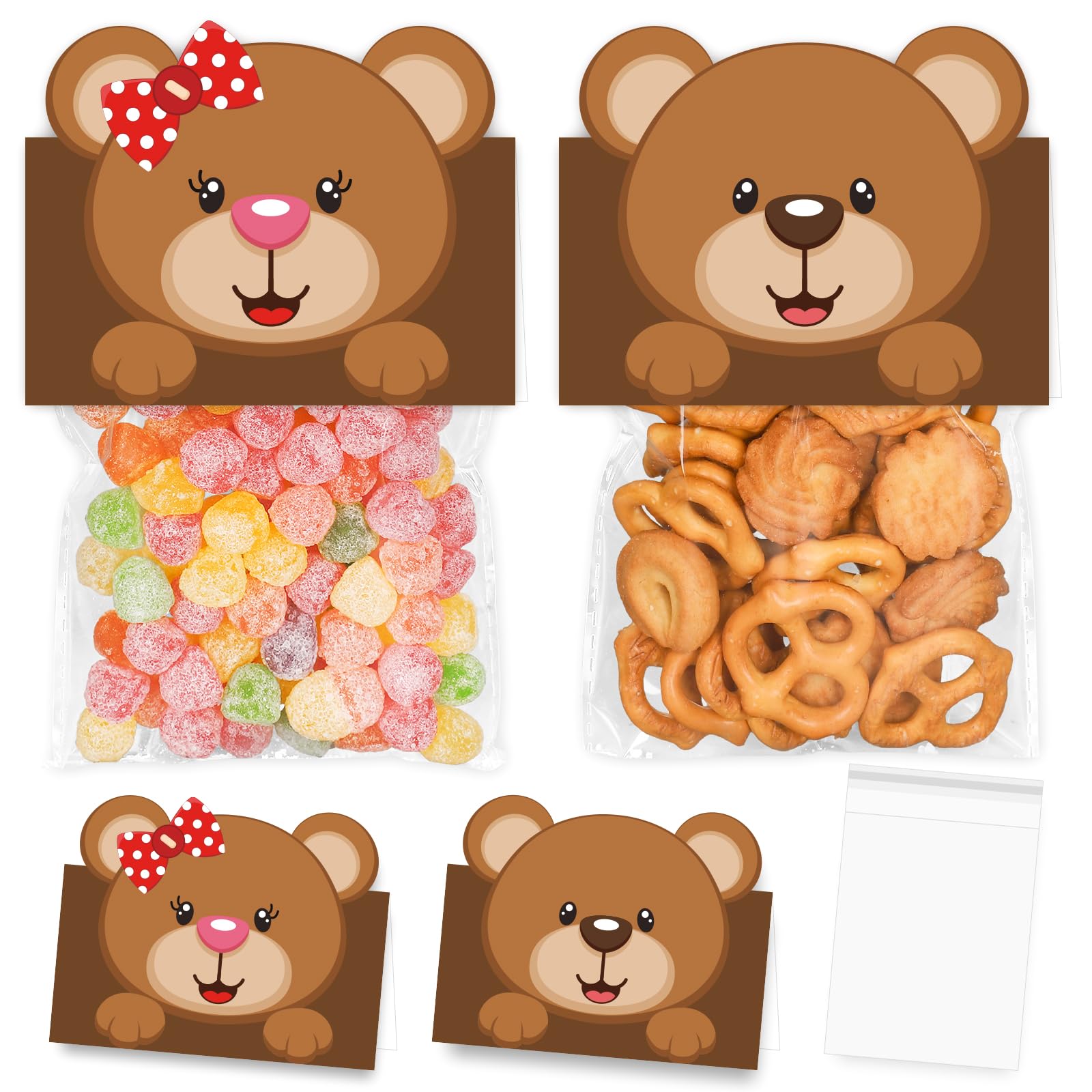 Whaline 60Pcs Bear Baby Shower Cellophane Treat Bags with 2 Toppers Cute Brown Bear Self Adhesive Cello Candy Goodie Bags Plastic Pastry Packaging for