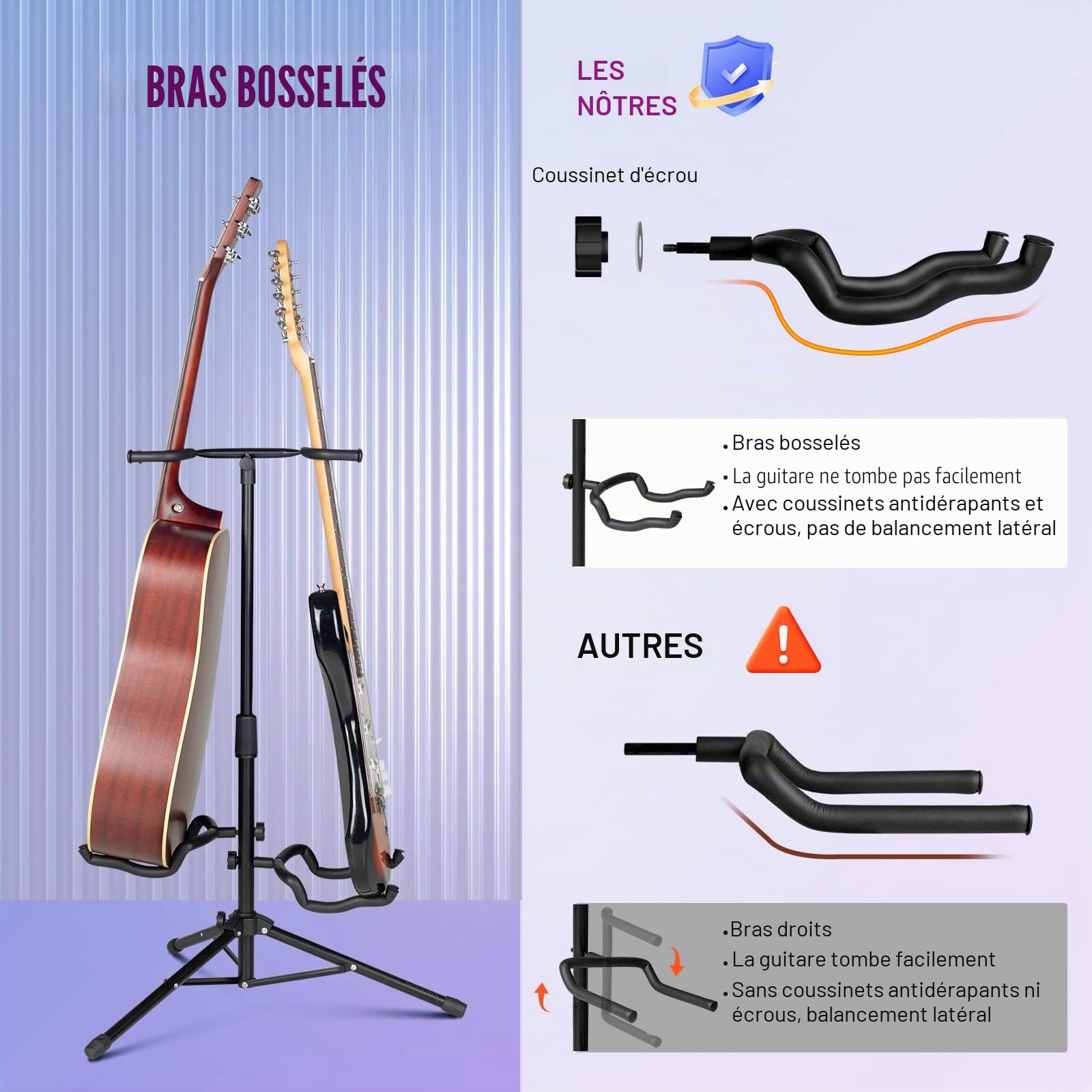CAHAYA CY0321 Support de guitare avec 2 supports de cou pliable en métal universel pour guitares acoustiques électriques ukulélé, violon, banjo, mandoline