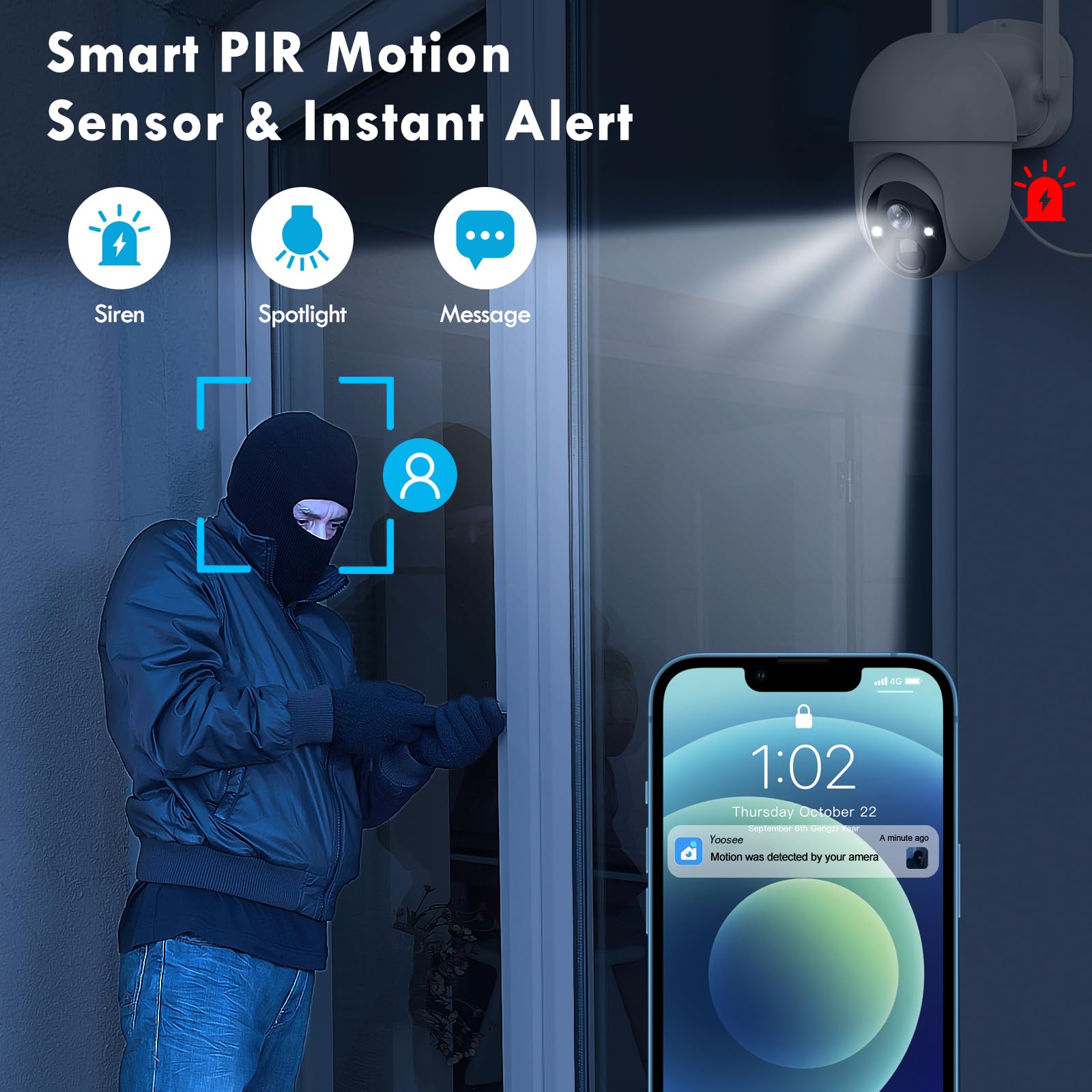 Caméras de sécurité sans fil pour la maison et l'extérieur, caméras de sécurité solaires sans fil PTZ 355°, caméra WiFi 3MP 2K FHD avec projecteur, détection de mouvement, sirène, vision nocturne