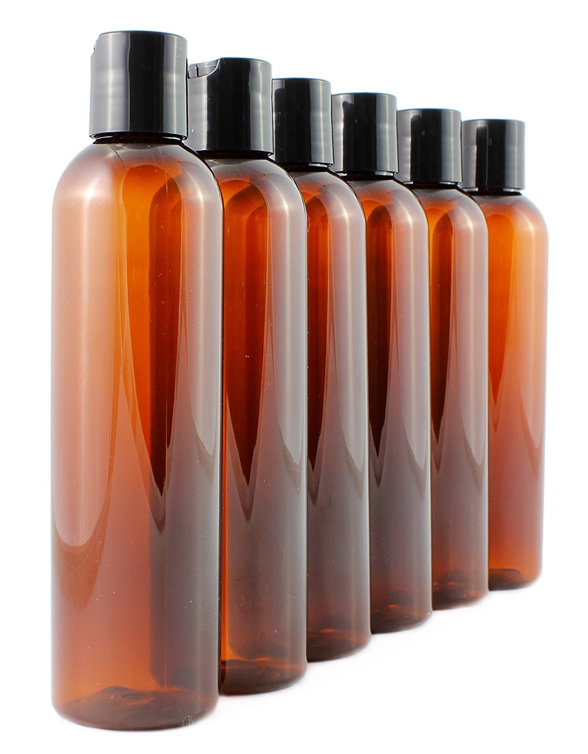 Cornucopia Brands 8oz Empty Plastic Bottles with Disc Top Flip Cap (6 pack); BPA-Free Containers For Shampoo, Lotions, Liquid Body Soap, Creams (8 ounce, Amber Brown)