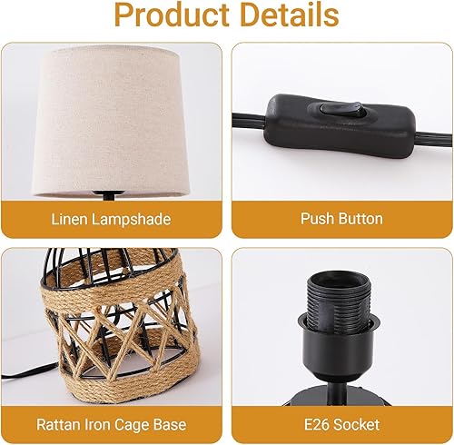 Miniatura 5 de Lámpara de mesa bohemia para dormitorio, pequeña lámpara de noche con base de jaula de metal de ratán y pantalla de lino, lámpara de mesita de noche