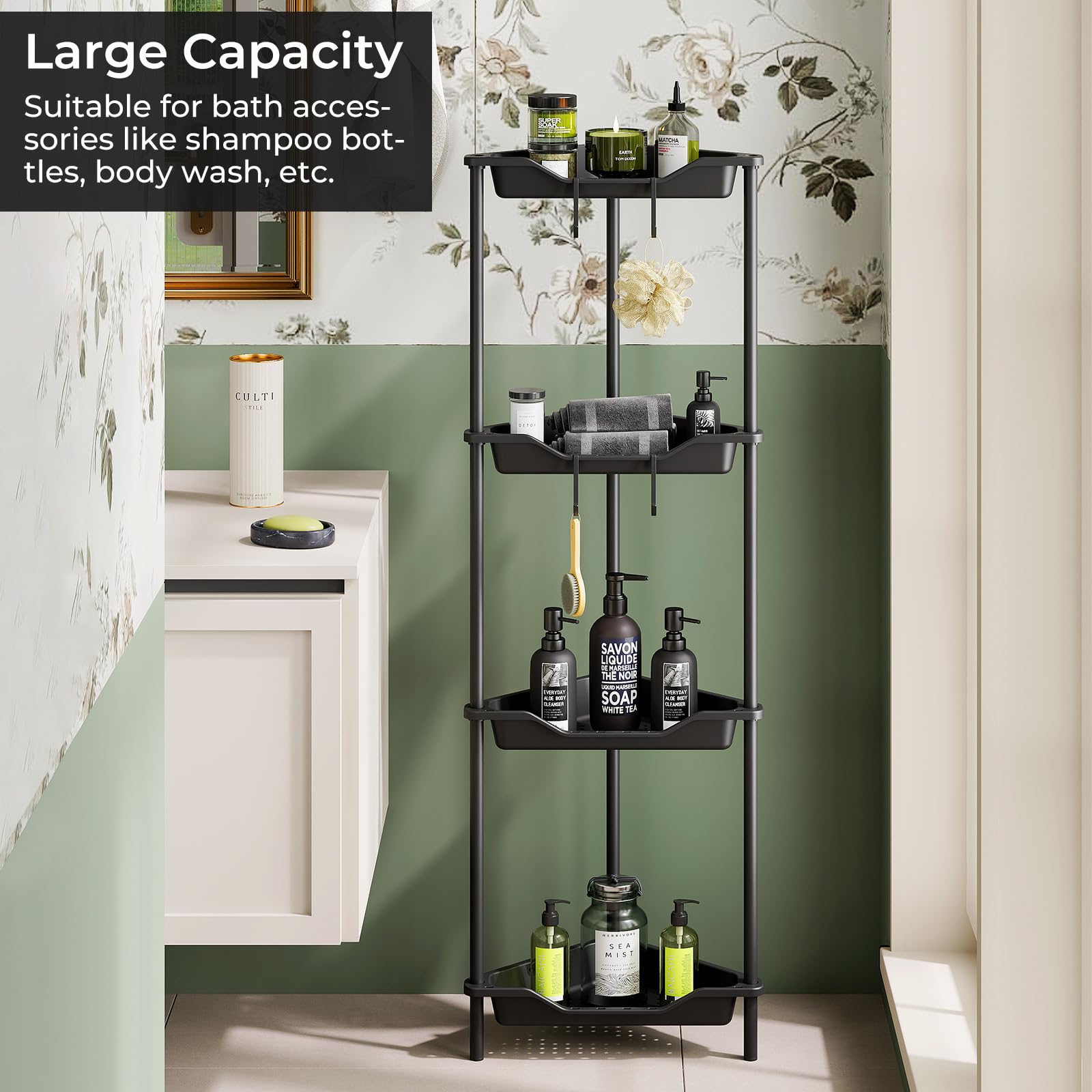 ODesign 4 Tier Corner Shelf Stand for Living Room Bedroom Bathroom,Plastic Metal Splicing Ground Cabinet Storage Rack,Standing Shower Organizer,Shower Caddy Corner Black - Rustproof