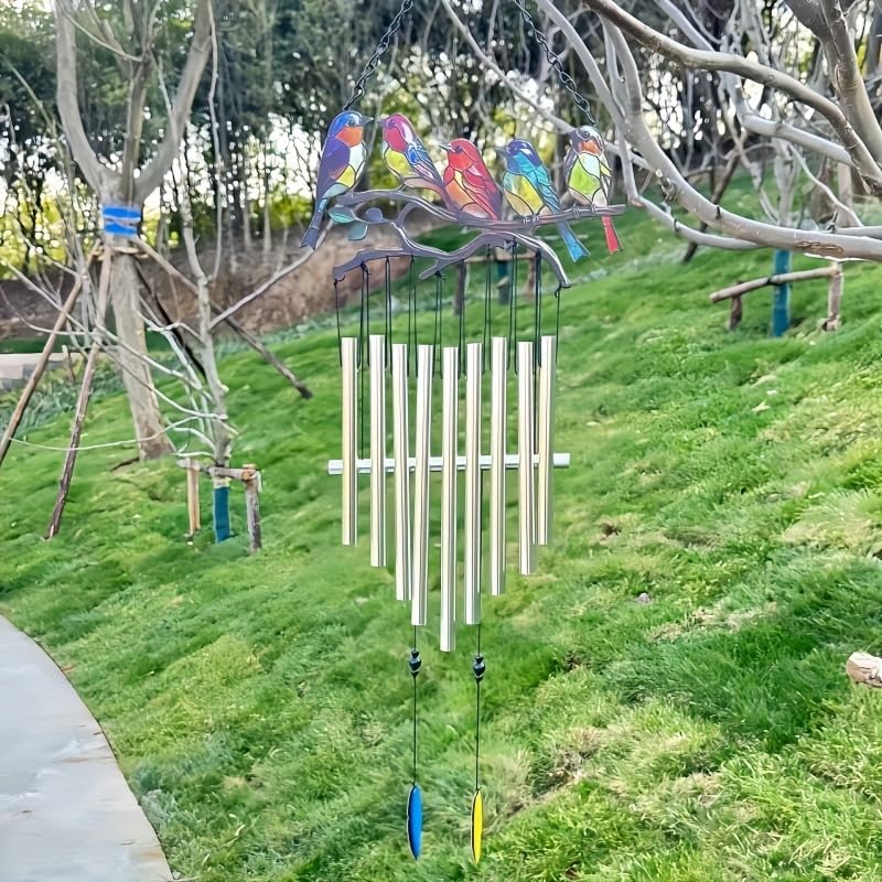 1 Set Creative Metal Wind Chimes with Birds Decorative Hanging Ornaments for Windows Balconies and Gardens No Battery Required Silvery