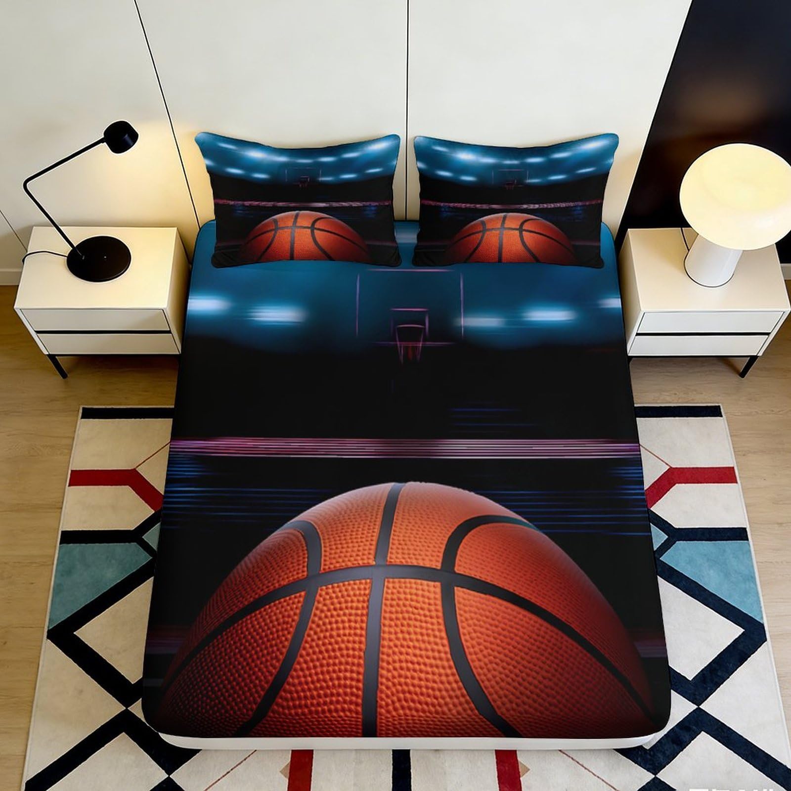 3D Printed Basketball Court Fitted Sheet Microfiber Anti-Slip Sports Stadium Bed Cover for Bedroom Dorm Mattress Protection Decor 90x200x25cm