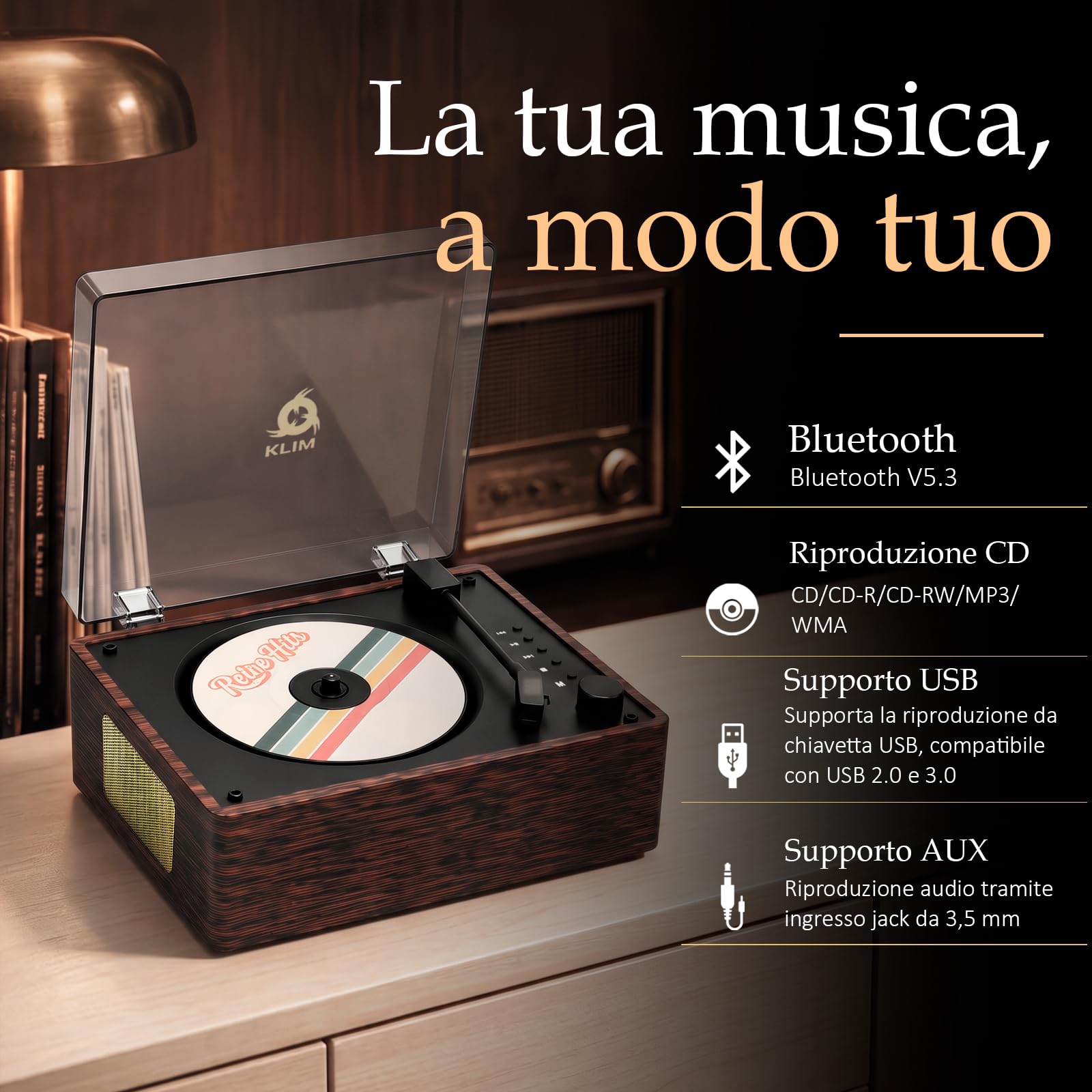 Heritage CD Player Wood Lettore Bluetooth da Casa con Altoparlanti, USB | Radio FM, AUX, Presa Cuffie, Design Vintage Effetto Legno, Connessioni Utili, Facile da Usare, Pensato per L Ascolto