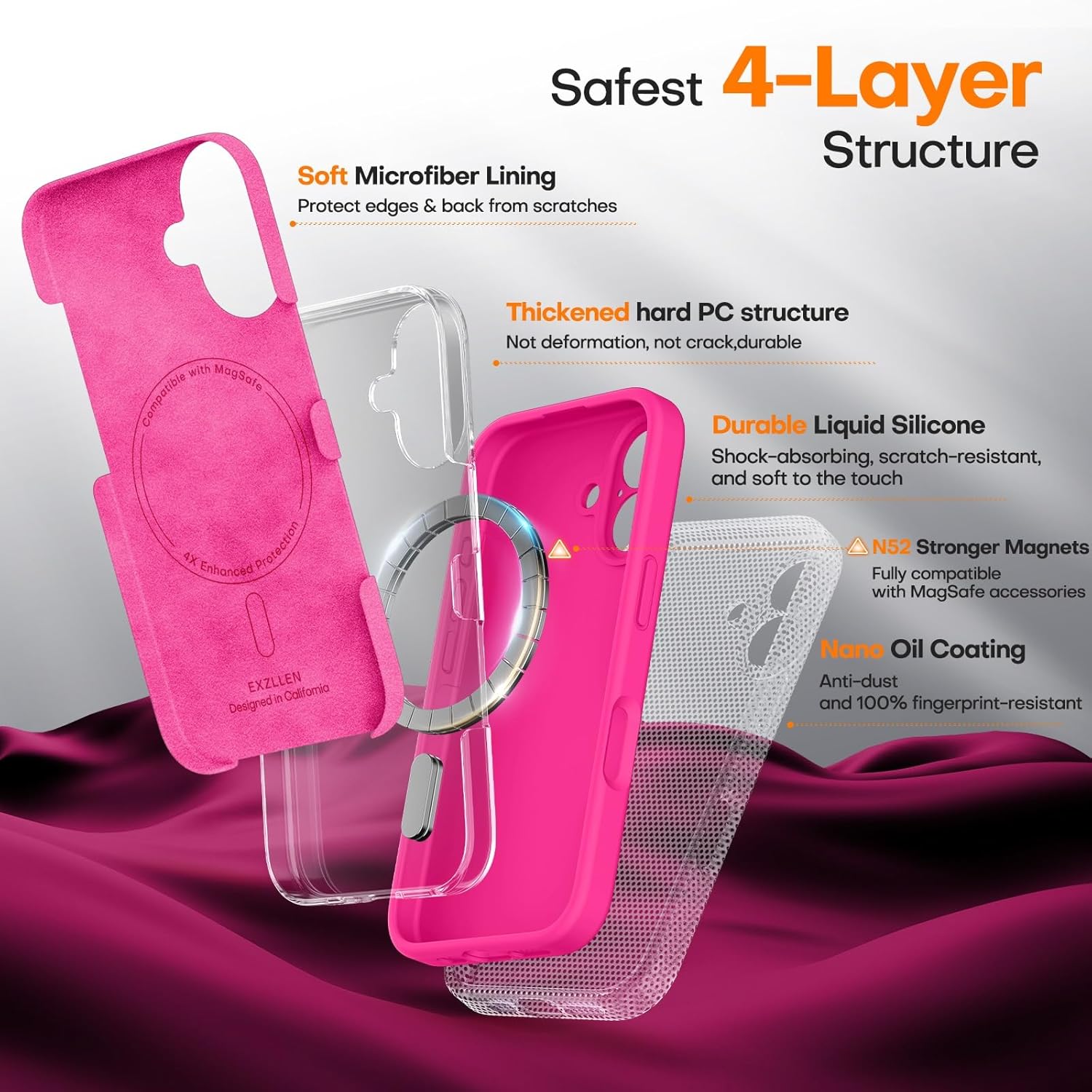 Magnetic for iPhone 16 Case, Compatible with MagSafe, Full Camera Protection, Military-Grade Protection 3.0mm Thicken Silicone Phone Cover for 16 6.1", Hot Pink - Image 4