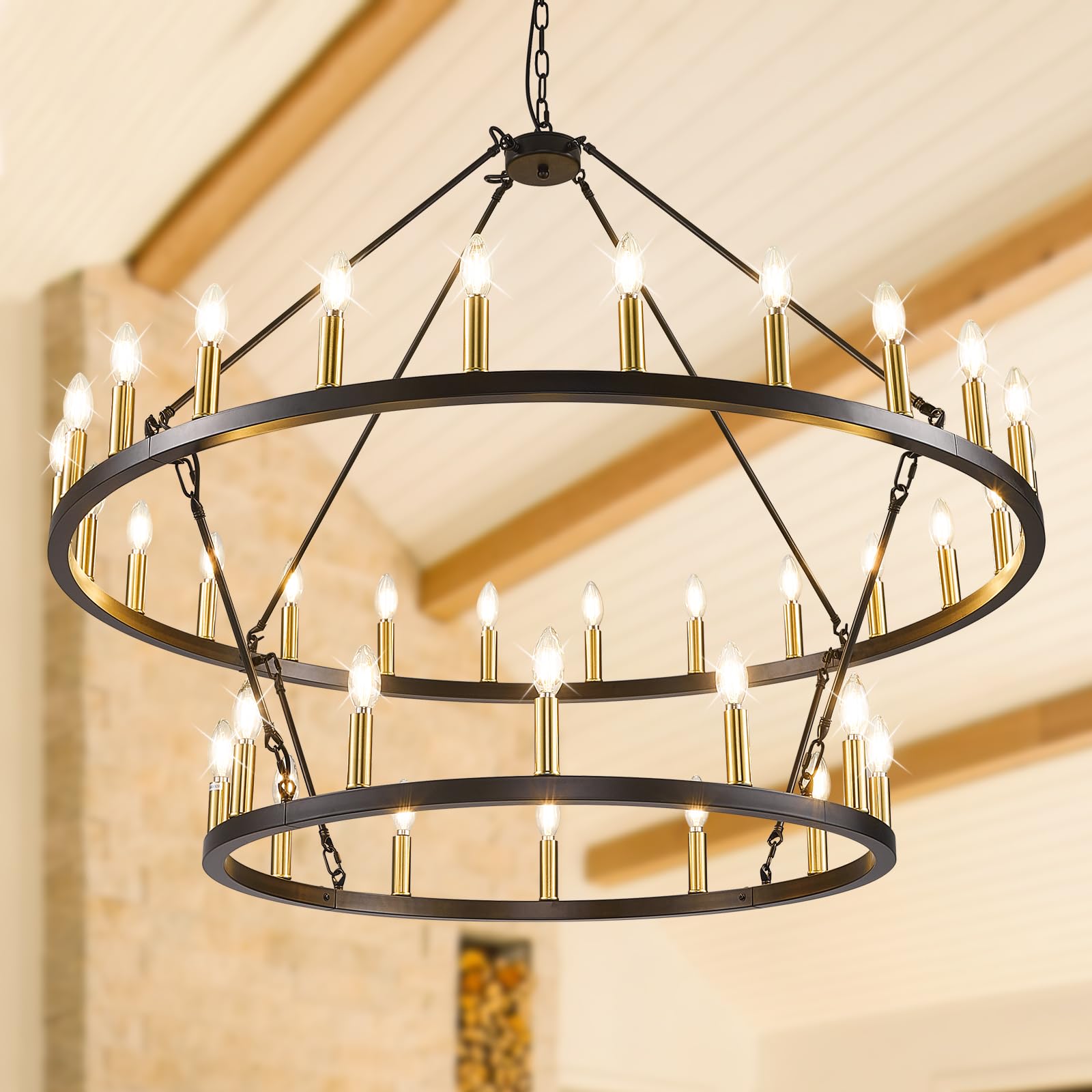 47" Wagon Wheel Chandelier, 2 Tiers 36-Light Large Farmhouse Chandelier for High Ceilings, Black and Gold Hanging Pendant Lights for Kitchen Island