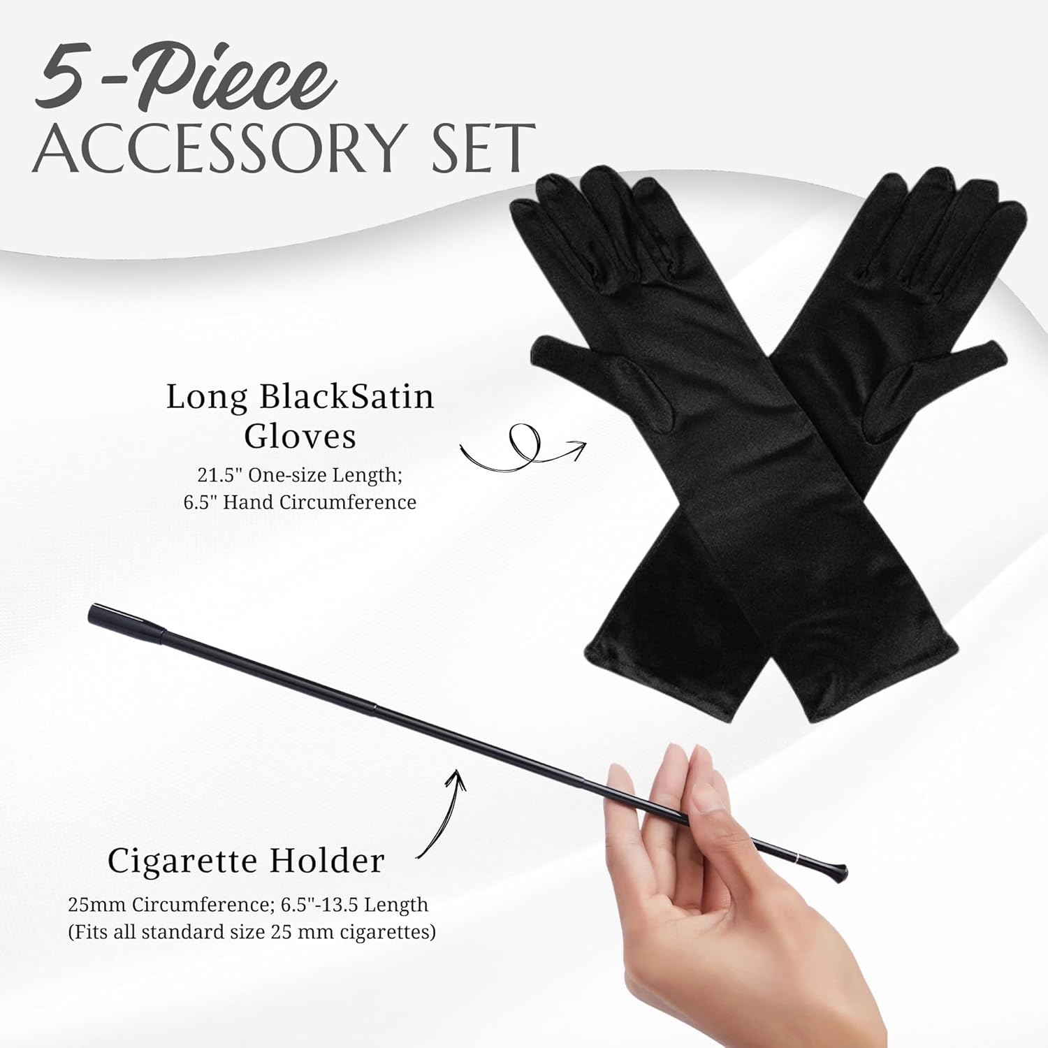 Utopiat Audrey Hepburn Inspired Costume Jewelry and Accessory 5 Piece Set | Breakfast at Tiffany's Vintage Necklace, Tiara, Earrings, Long Black Holder, Black Opera Gloves (Without Gift Box) - Image 3