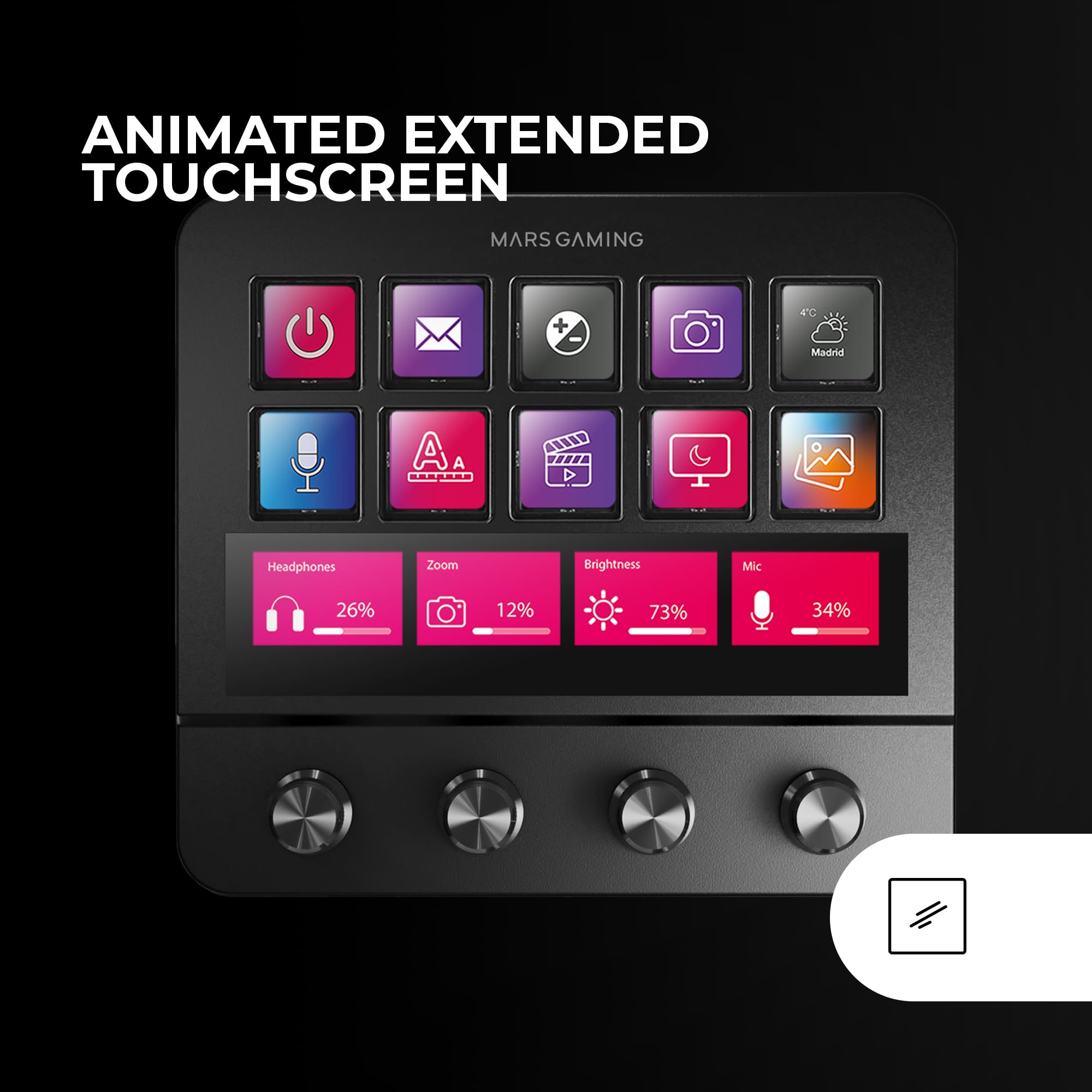 Mars Gaming MSD-Pro, Control Deck, 10 Touches LCD et 4 Boutons Personnalisables, Écran Tactile Étendu Animé, Base Réglable ; Logiciel de Contrôle, Hub USB avec 2X USB 3.0 + 1x USB-C, Noir