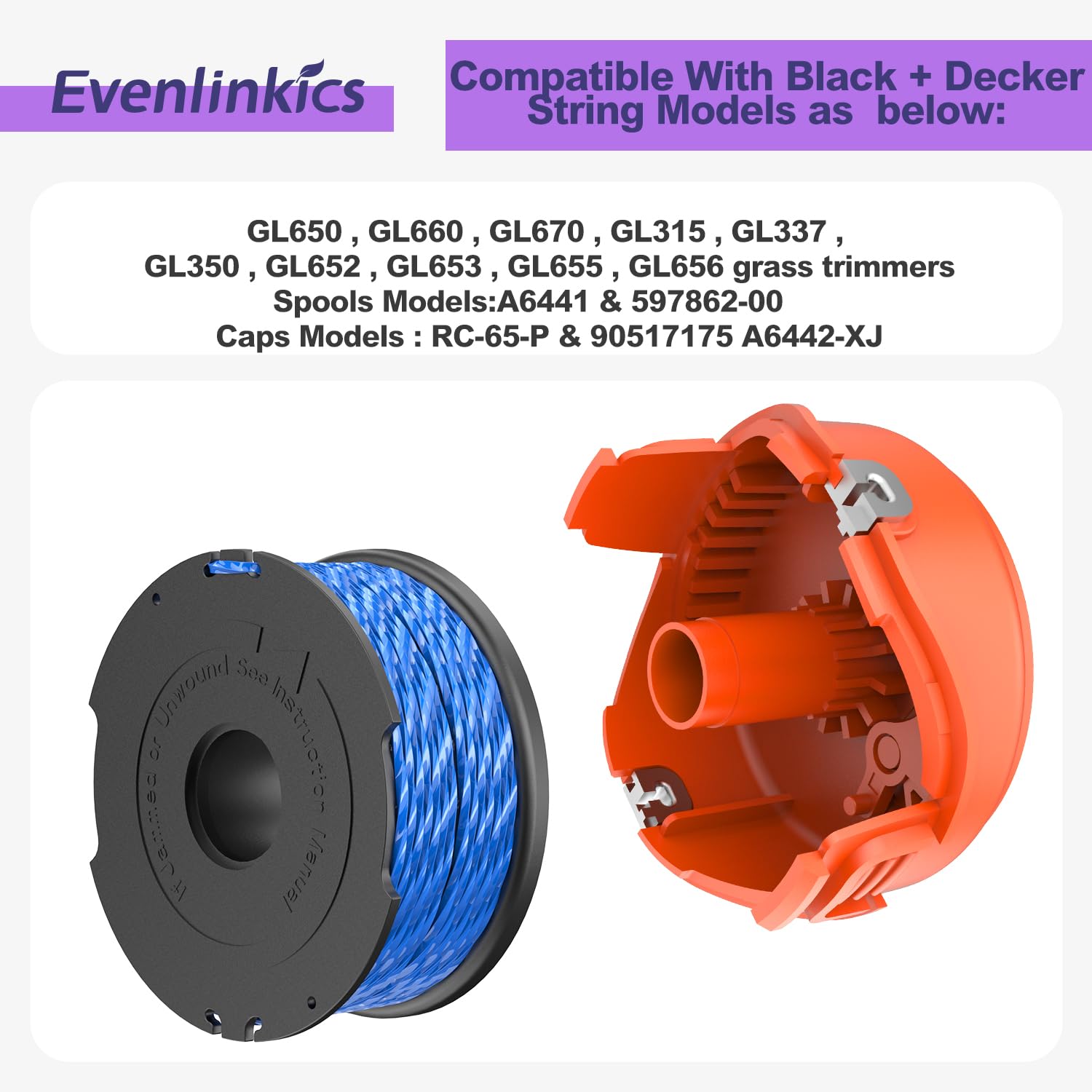 String Trimmer Spool Line For Black And Decker A6441 With A6442-XJ Caps, Compatible With GL315, GL337, GL350, GL650, GL651, GL652, GL653, GL655, GL656, GL660, GL670, GL680, GL5530 (Spool *3+caps*1
