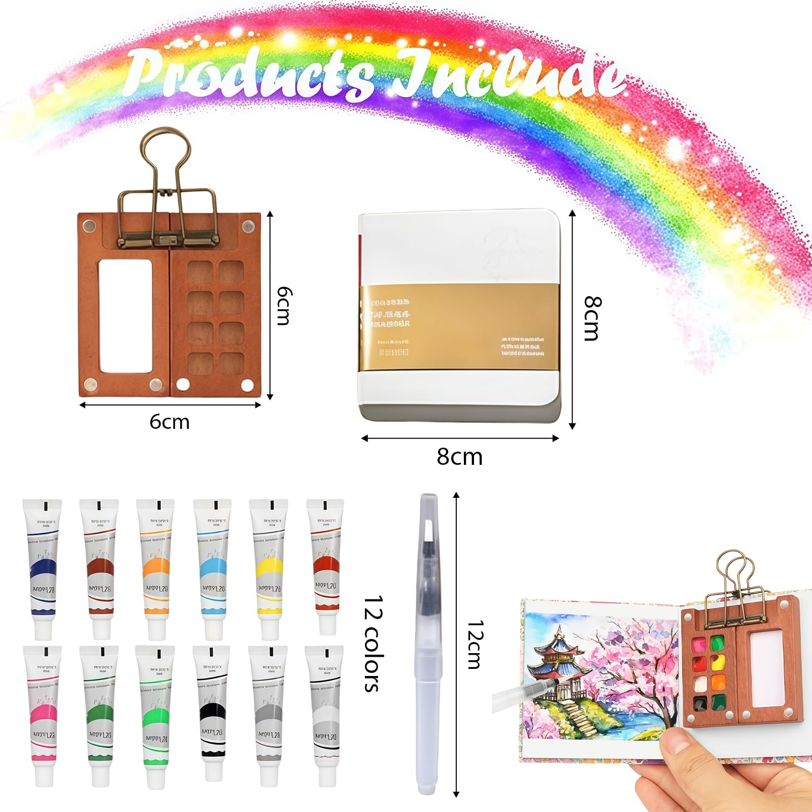 Yamobi Kit tavolozza per pittura ad acquerello in miniatura a 8 griglie, mini scatole da pittura ad acquerello, portatili, per acquerello, tavolozza di legno