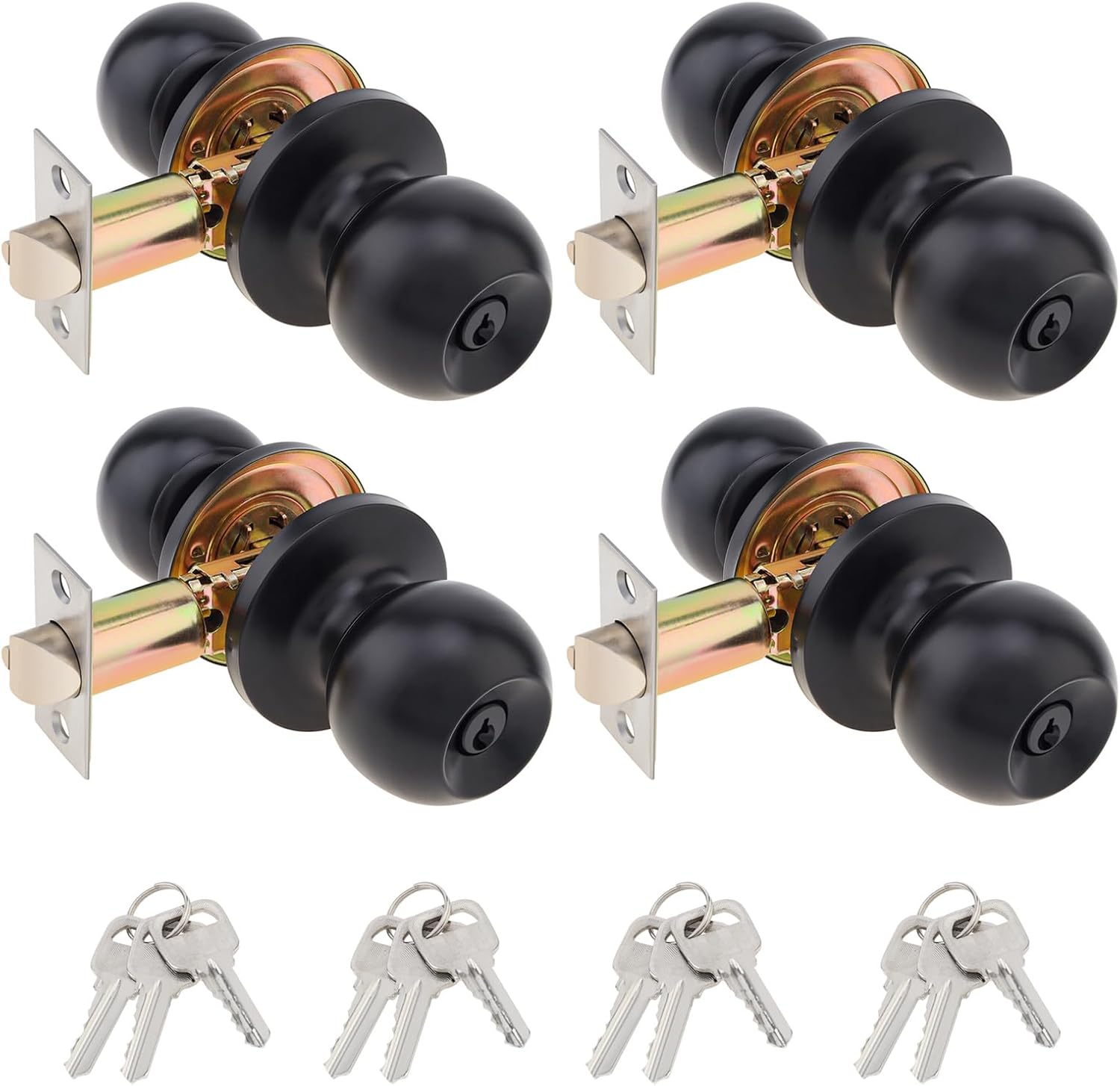 4 Pack Door Knobs with Lock and Keys, Entry Interior and Exterior Door Lock for Bedroom or Bathroom, Black Privacy Ball Doorknob, Three Key Same Only for One Lock (Keys Different)