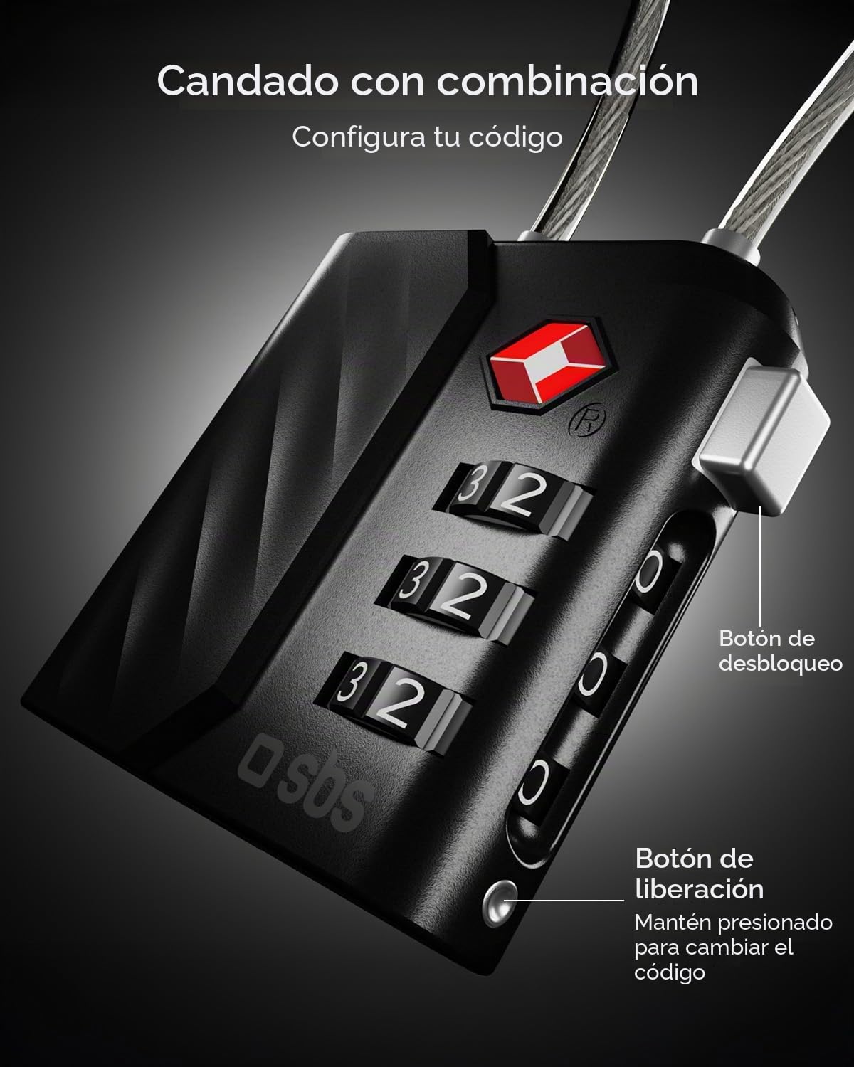 SBS Track My Lock - Candado TSA con localizador Finder Integrado, Compatible con Apple Dove è (iOS), Bloqueo de combinación de 3 dígitos, Alarma de 60 dB, Carga USB-C, Ideal para Maletas y Bolsos