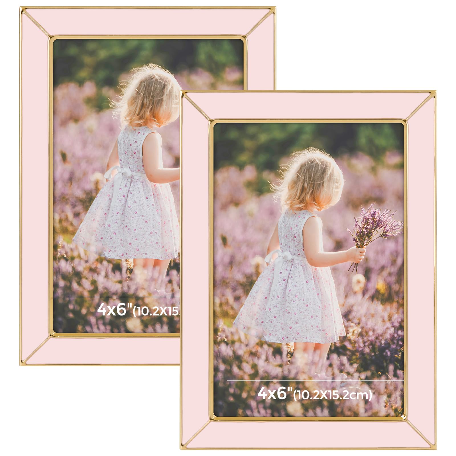 Frametory Enamel Picture Frame - 4x6 Gold Metal Edge Pink Enamel Frame With Easel and Velvet Back for Tabletop Display, Bookshelf, 4x6 Wall Decor, Photo Frames, Picture Display-2 Set