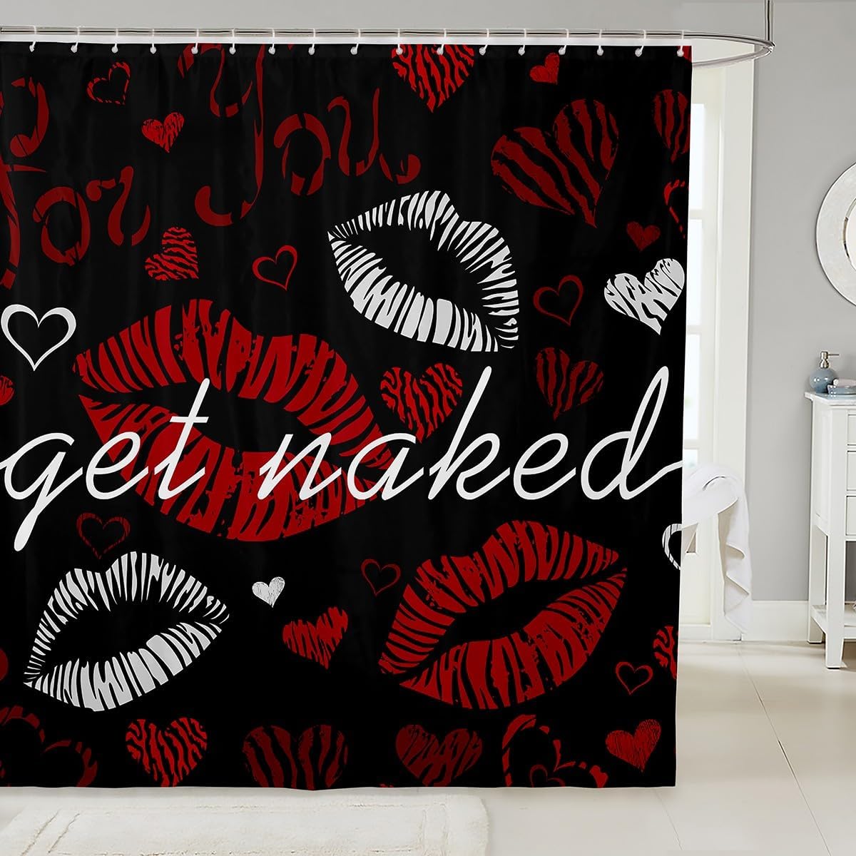 Sexy Lips Bath Curtain Funny Get Naked Shower Curtain for Couple Lover Kiss Shower Curtain Set with Hooks White Red Woman Mouth Pattern Waterproof Cloth Fabric Bathroom Decor Room Decor 72x78 Inch