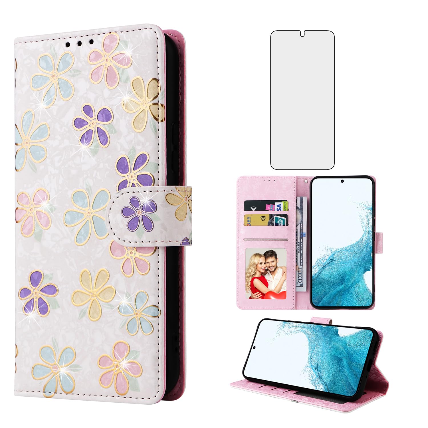 Asuwish Phone Case for Samsung Galaxy A54 5G Wallet Cell Flip Cover with Tempered Glass Screen Protector Flower Card Holder Slot Stand Purse A545G A