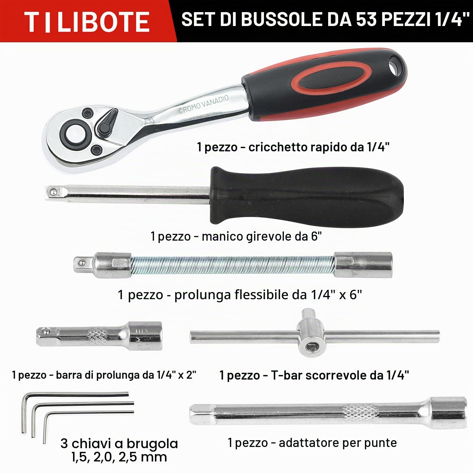 TILIBOTE - Set di chiavi a bussola, 53 pezzi, set di chiavi a cricchetto da 1/4 di pollice e barra di estensione per barra cardanica, set per riparazioni automobilistiche e uso domestico