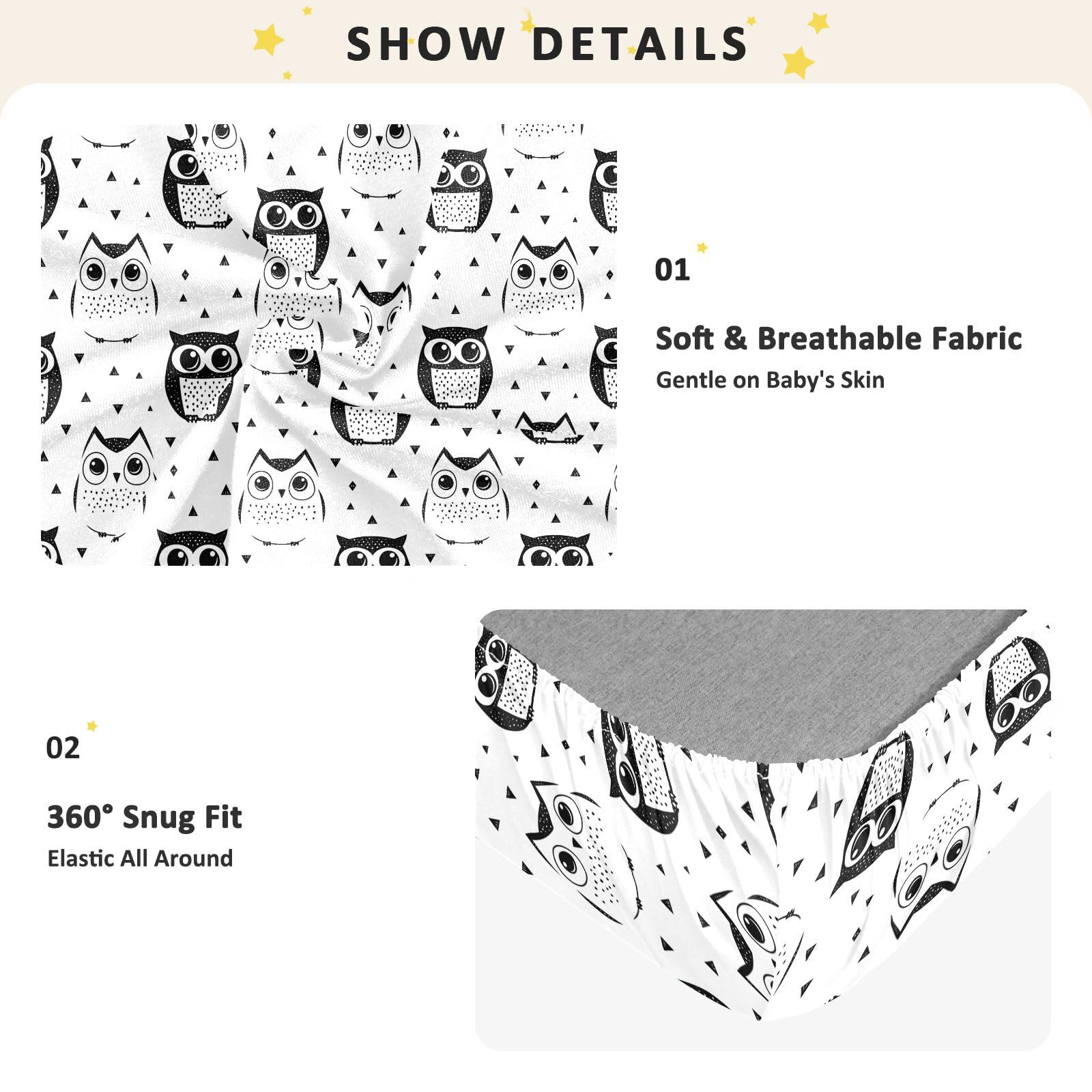 Sábanas de algodón para cuna de bebé, diseño de búho, líneas simples de dibujos animados, cómoda y transpirable, para guardería, 1 paquete de sabanas para cuna